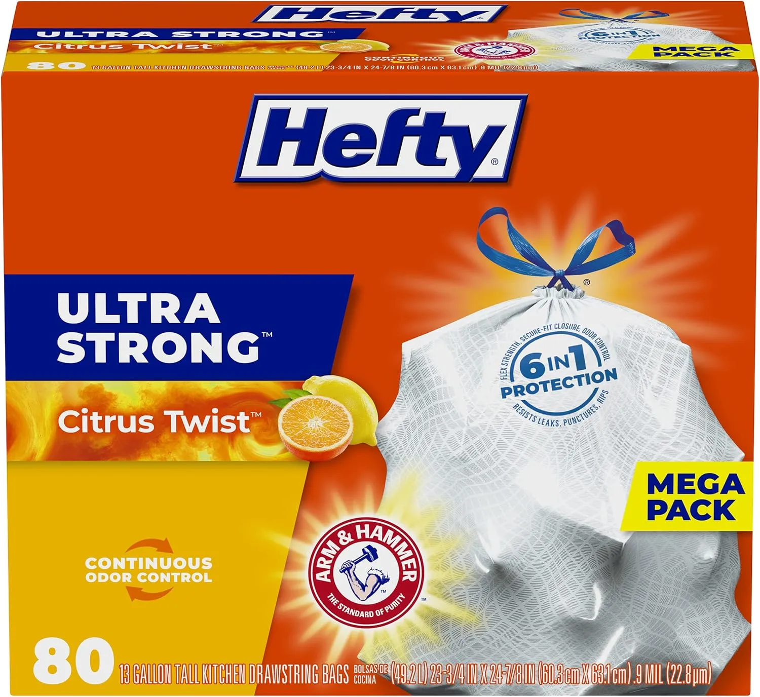 Hefty Ultra Strong 13 Gallon Trash Bags, Tall Kitchen Trash Bags 13 Gallon Size, Drawstring Closure, Continuous Odor Control, White, Citrus Twist Scent, 80 Bags