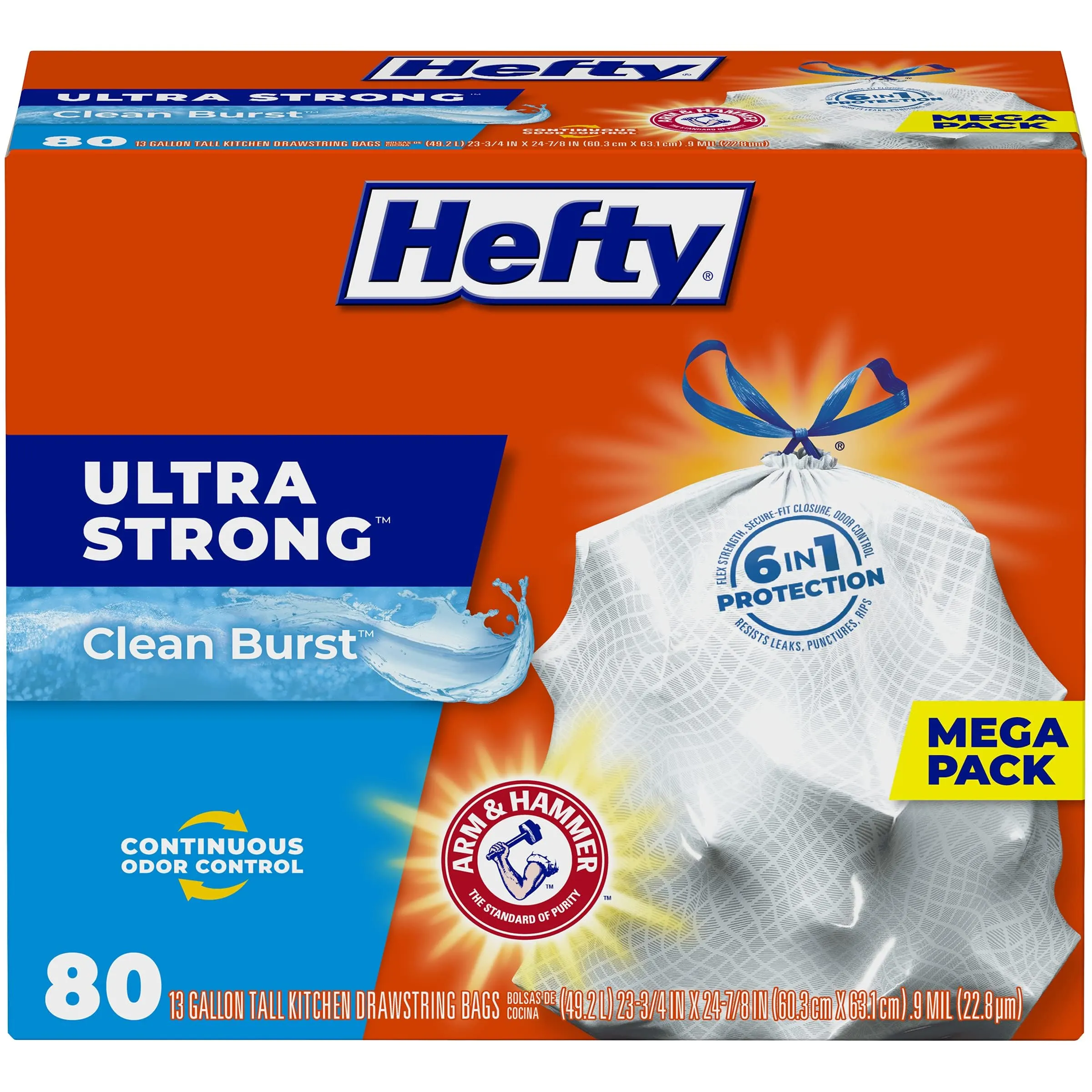 Hefty Ultra Strong 13 Gallon Trash Bags, Tall Kitchen Trash Bags 13 Gallon Size, Drawstring Closure, Continuous Odor Control, White, Lavender and Sweet Vanilla Scent, 80 Bags