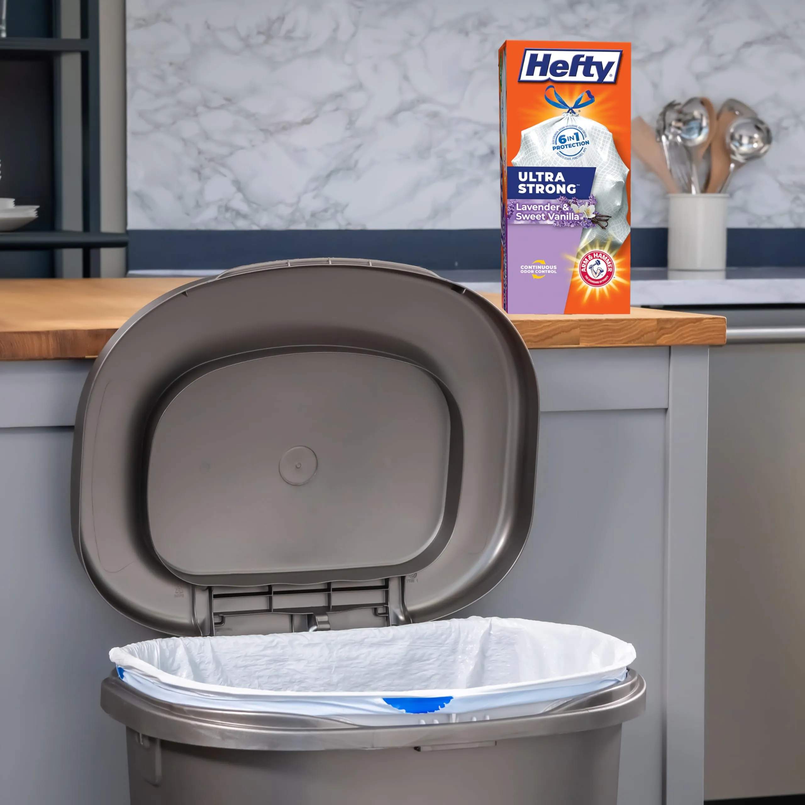 Hefty Ultra Strong 13 Gallon Trash Bags, Tall Kitchen Trash Bags 13 Gallon Size, Drawstring Closure, Continuous Odor Control, White, Lavender and Sweet Vanilla Scent, 80 Bags