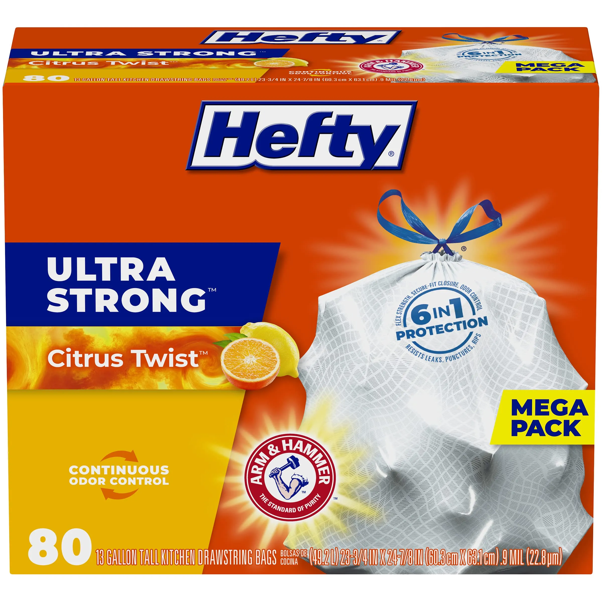 Hefty Ultra Strong 13 Gallon Trash Bags, Tall Kitchen Trash Bags 13 Gallon Size, Drawstring Closure, Continuous Odor Control, White, Lavender and Sweet Vanilla Scent, 80 Bags