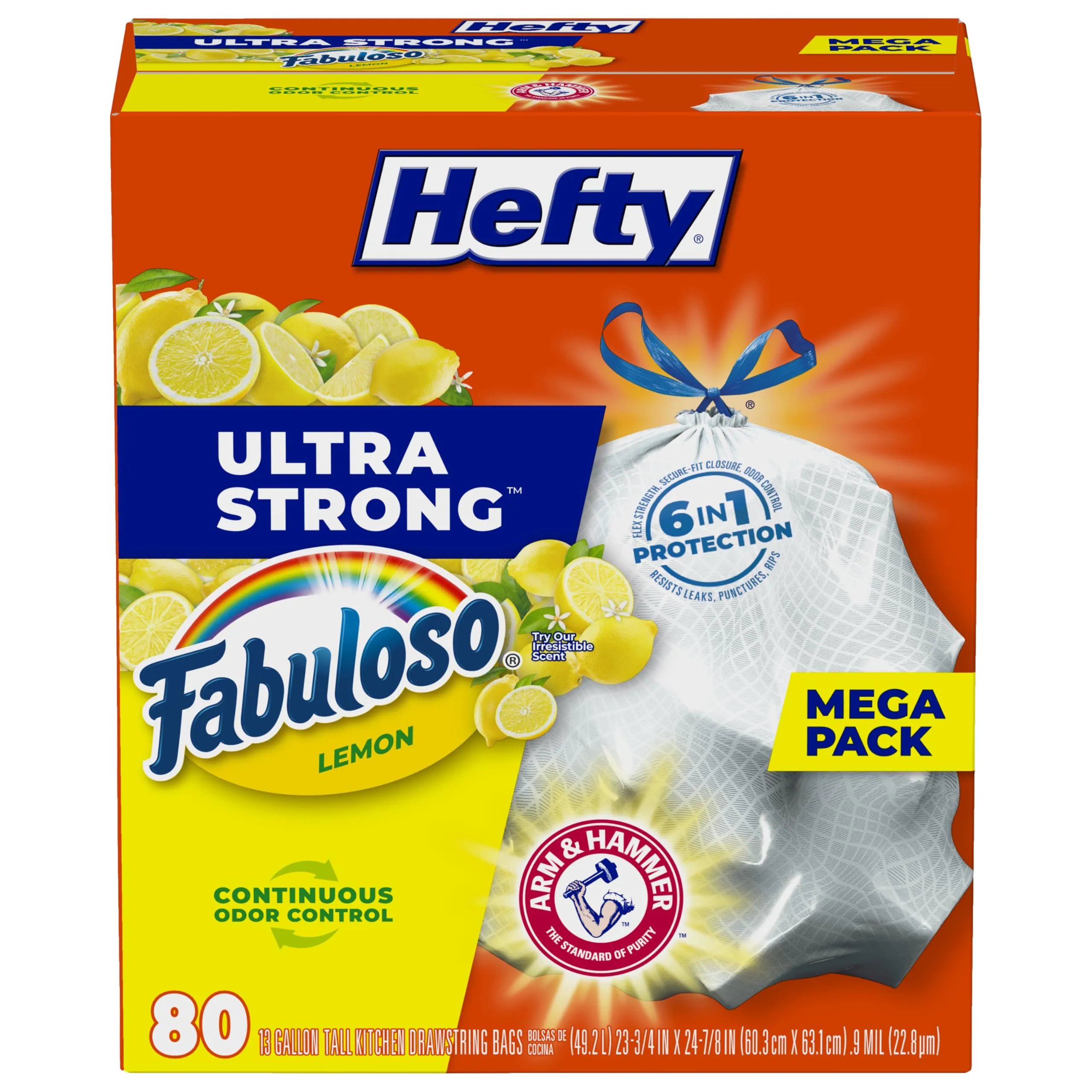 Hefty Ultra Strong 13 Gallon Trash Bags, Tall Kitchen Trash Bags 13 Gallon Size, Drawstring Closure, Continuous Odor Control, White, Lavender and Sweet Vanilla Scent, 80 Bags