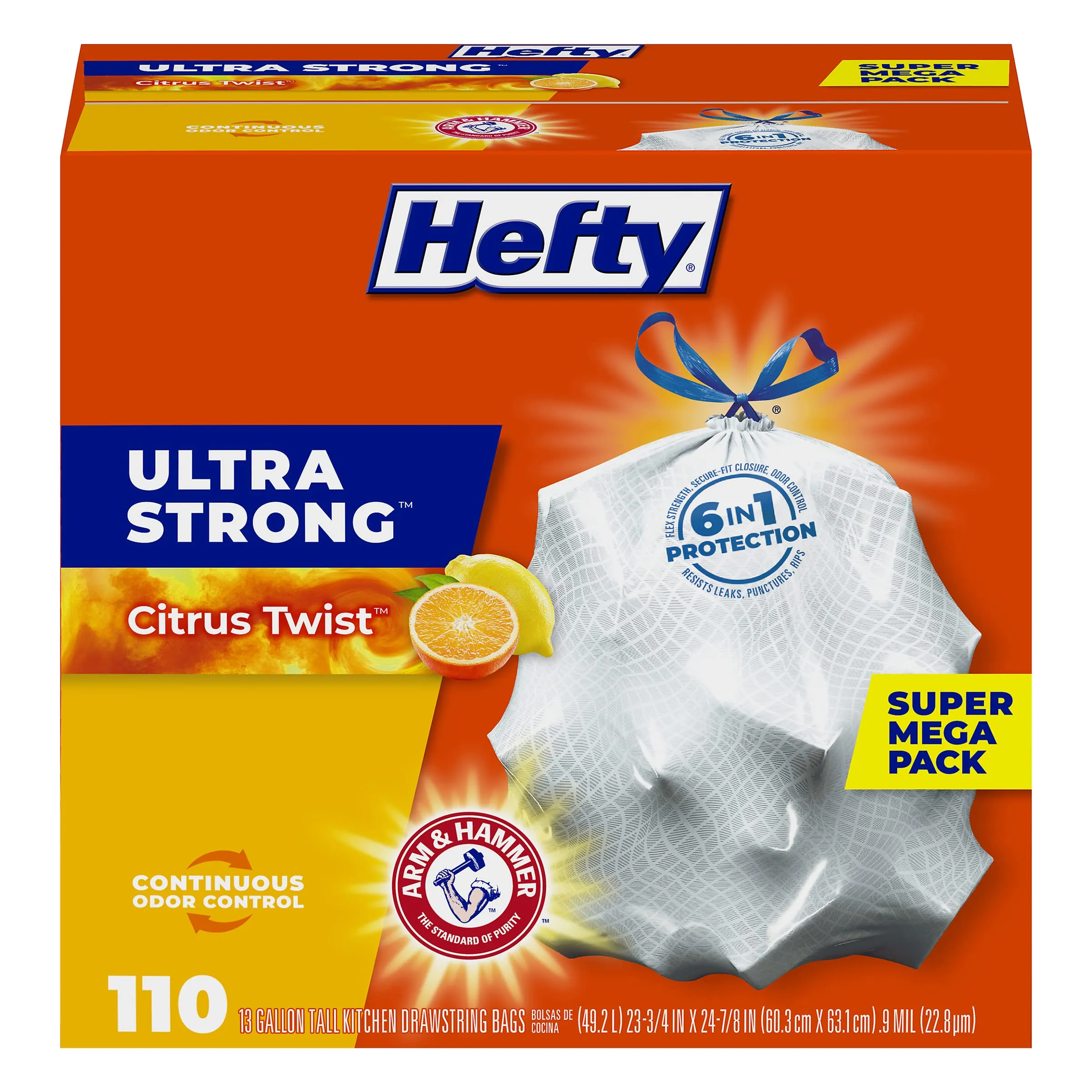 Hefty Ultra Strong 13 Gallon Trash Bags, Tall Kitchen Trash Bags 13 Gallon Size, Drawstring Closure, Continuous Odor Control, White, Lavender and Sweet Vanilla Scent, 80 Bags
