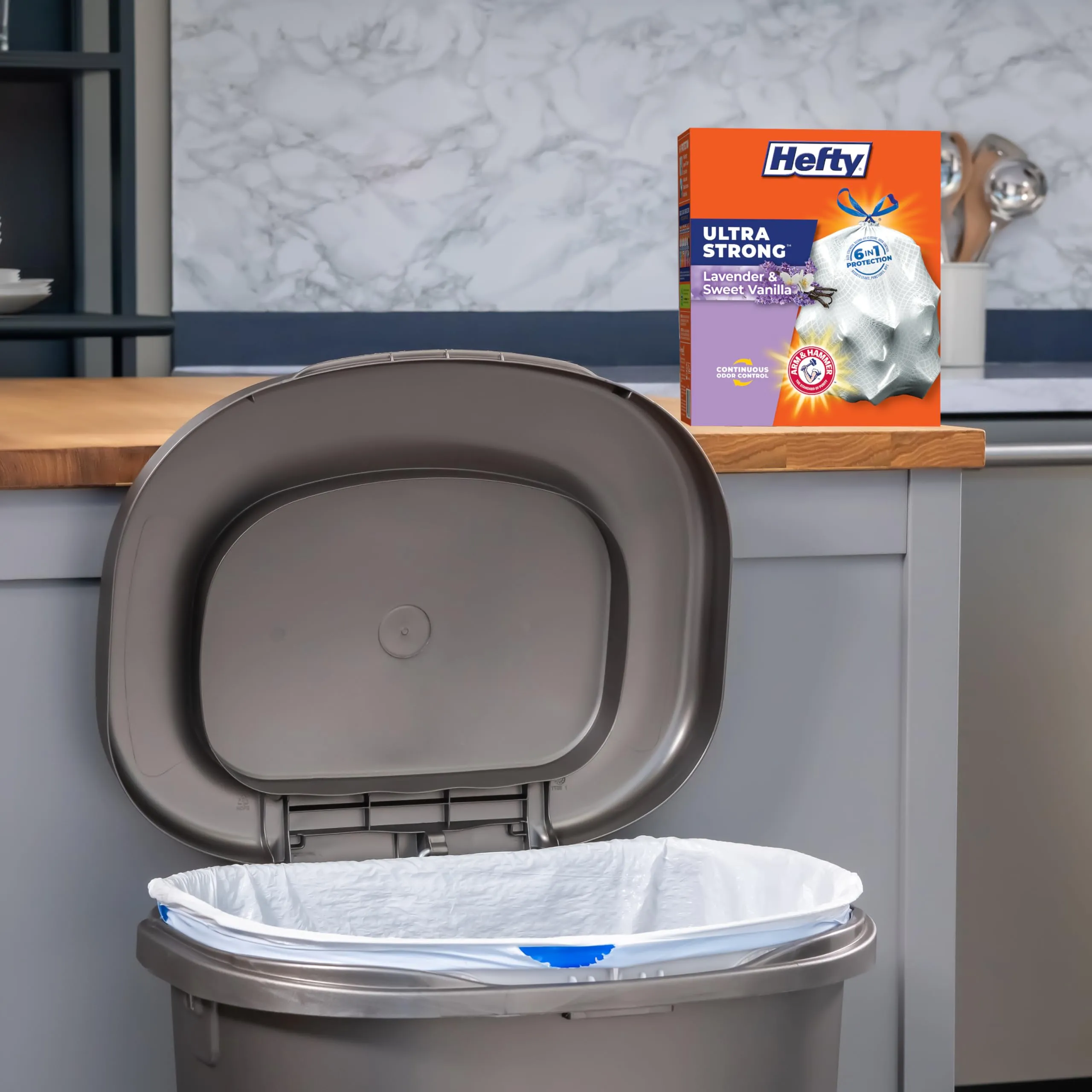 Hefty Ultra Strong 13 Gallon Trash Bags, Tall Kitchen Trash Bags 13 Gallon Size, Drawstring Closure, Continuous Odor Control, White, Lavender and Sweet Vanilla Scent, 80 Bags