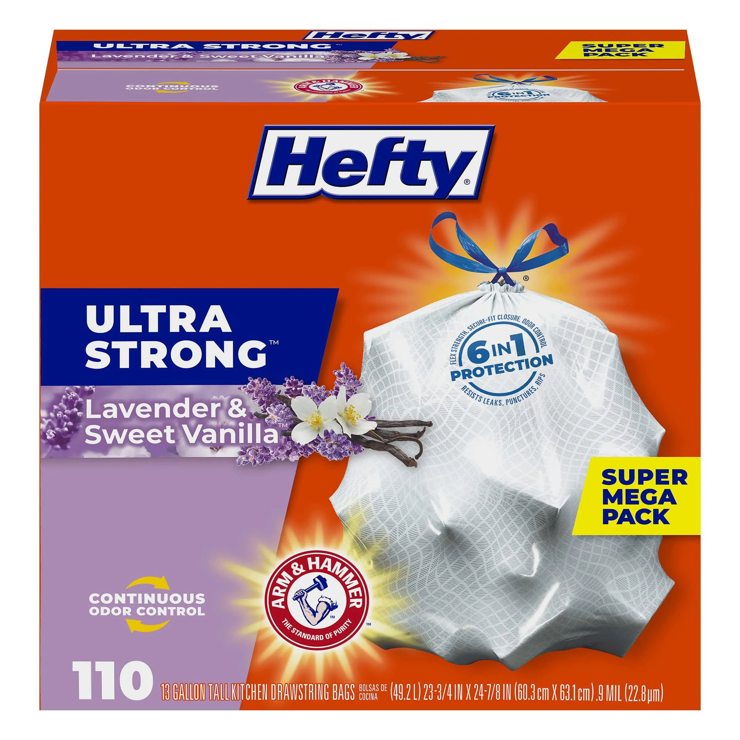 Hefty Ultra Strong 13 Gallon Trash Bags, Tall Kitchen Trash Bags 13 Gallon Size, Drawstring Closure, Continuous Odor Control, White, Lavender and Sweet Vanilla Scent, 80 Bags