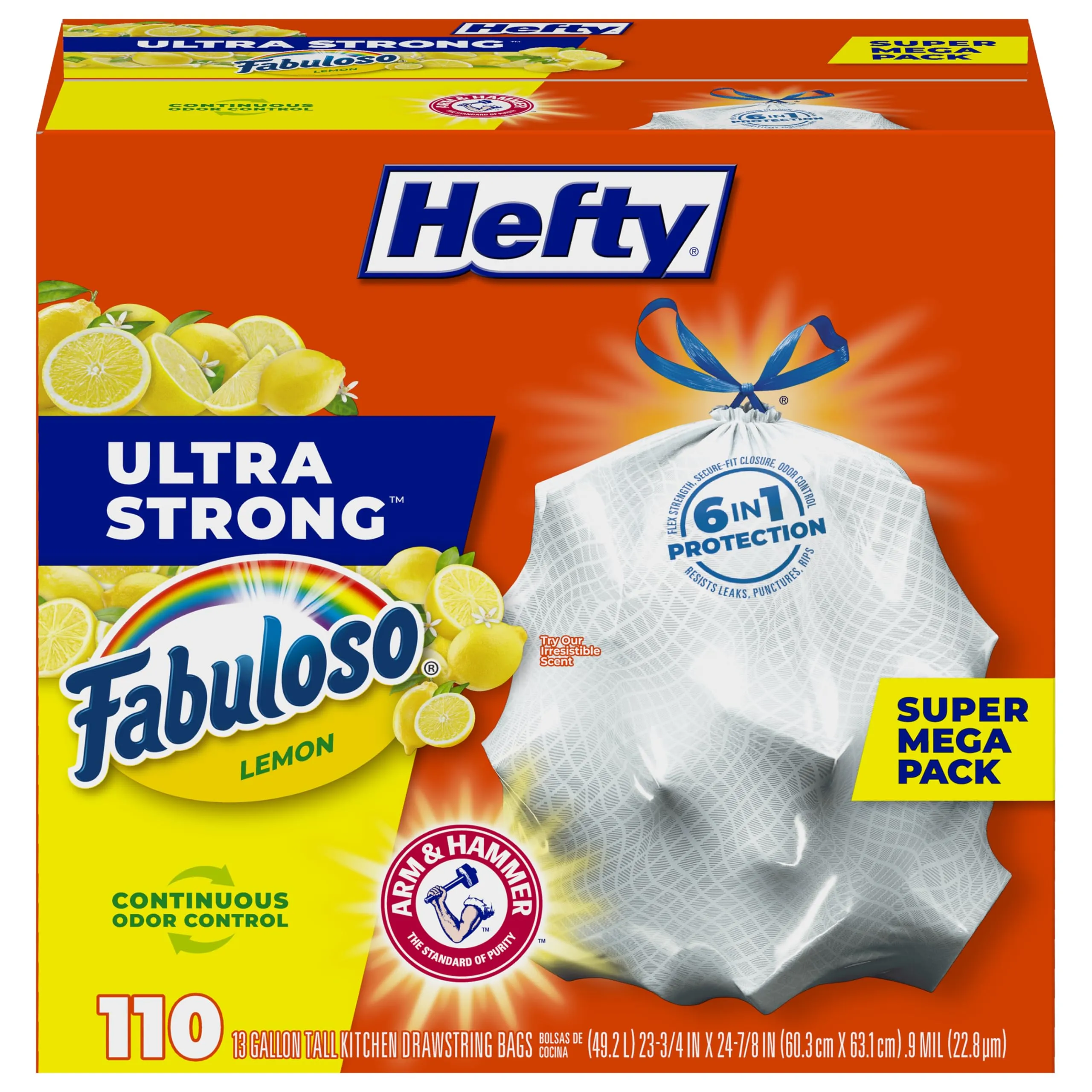 Hefty Ultra Strong 13 Gallon Trash Bags, Tall Kitchen Trash Bags 13 Gallon Size, Drawstring Closure, Continuous Odor Control, White, Lavender and Sweet Vanilla Scent, 80 Bags