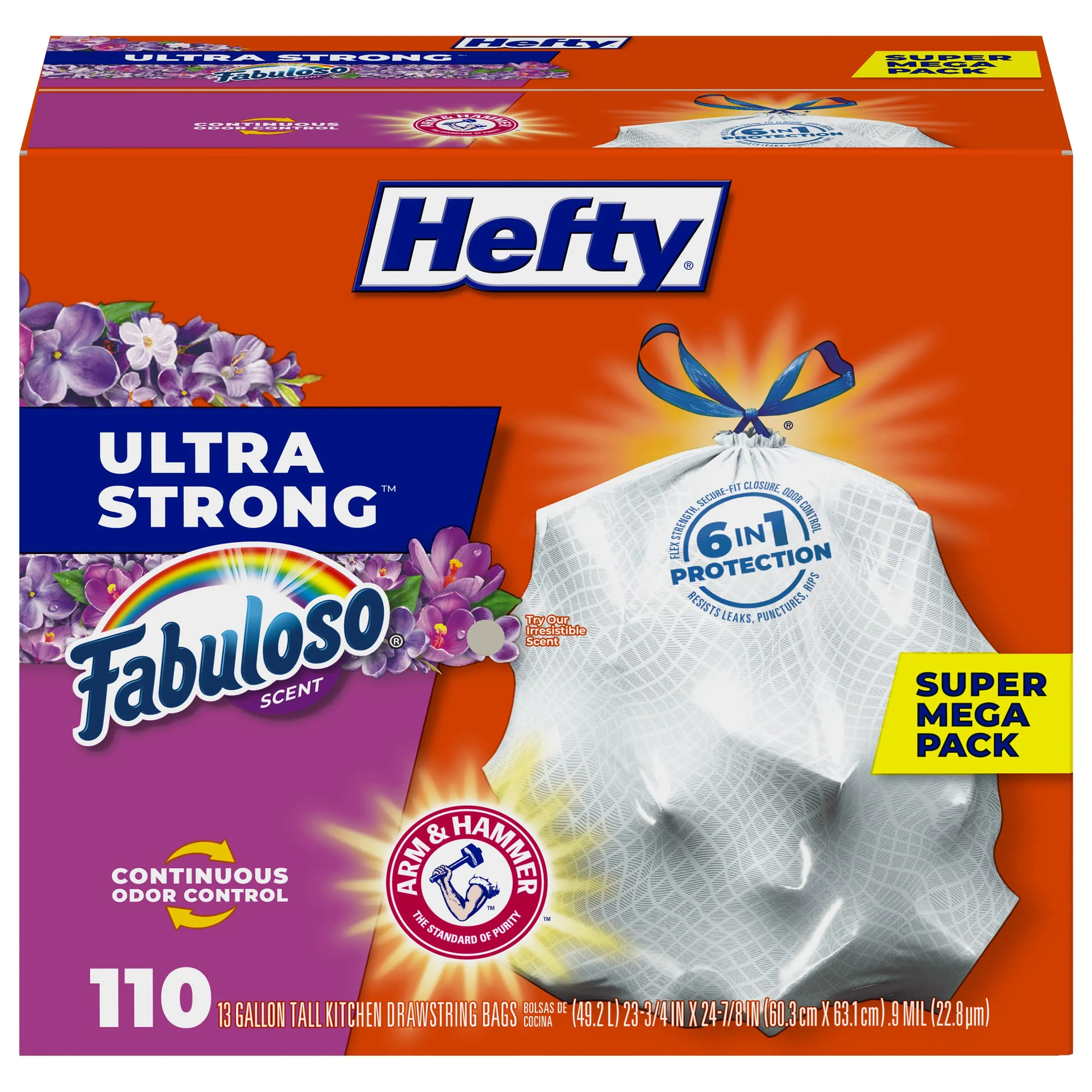 Hefty Ultra Strong 13 Gallon Trash Bags, Tall Kitchen Trash Bags 13 Gallon Size, Drawstring Closure, Continuous Odor Control, White, Lavender and Sweet Vanilla Scent, 80 Bags