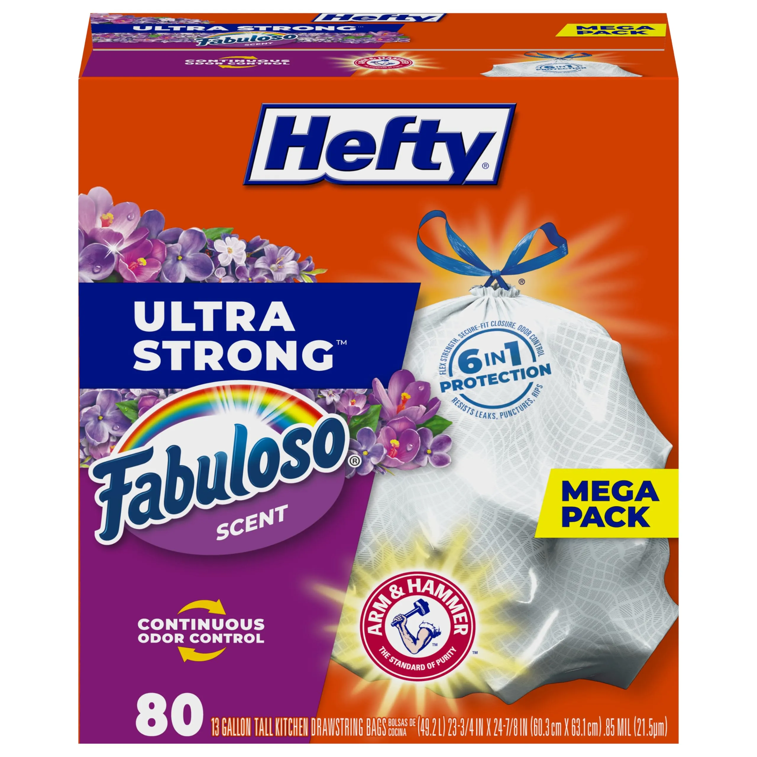 Hefty Ultra Strong 13 Gallon Trash Bags, Tall Kitchen Trash Bags 13 Gallon Size, Drawstring Closure, Continuous Odor Control, White, Lavender and Sweet Vanilla Scent, 80 Bags