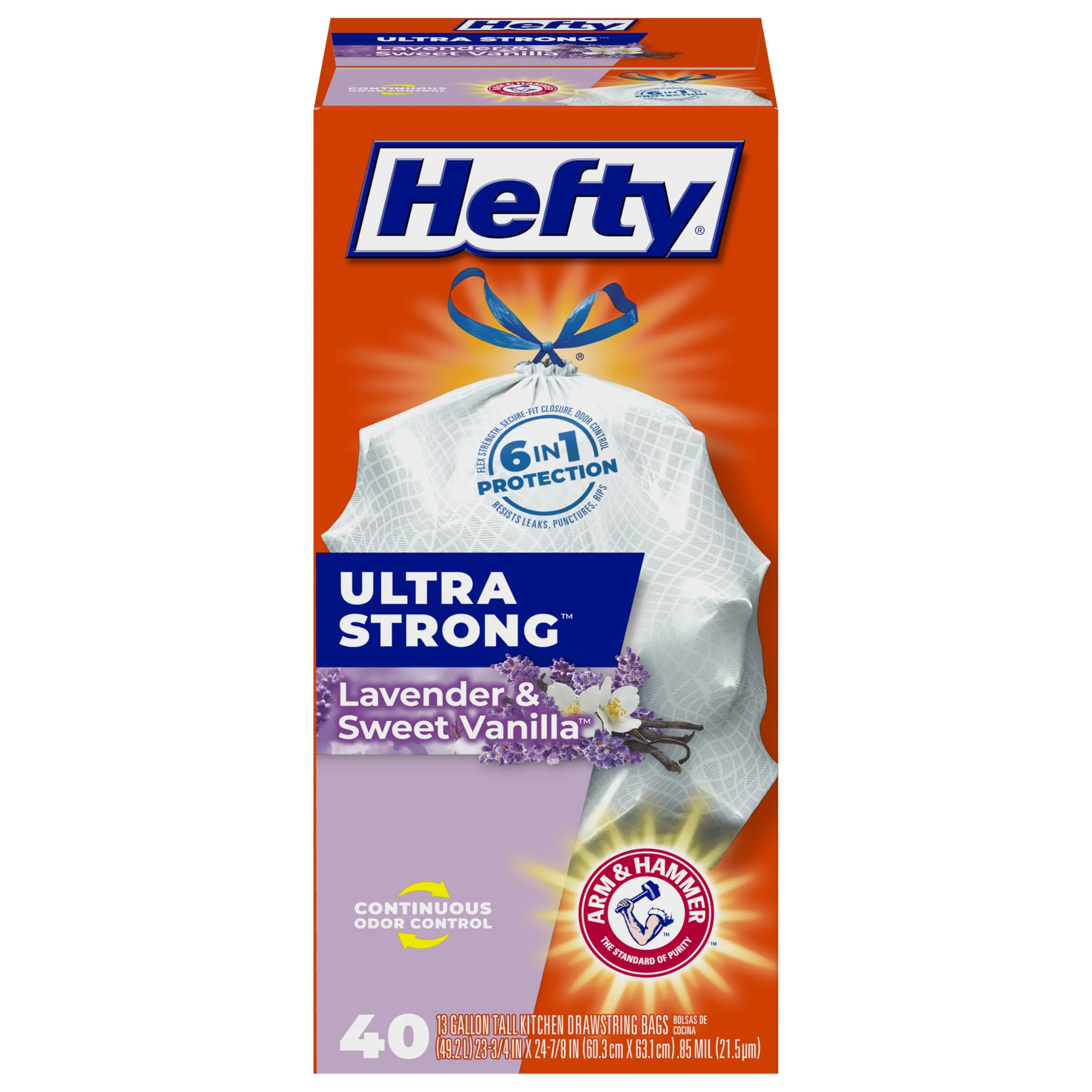 Hefty Ultra Strong 13 Gallon Trash Bags, Tall Kitchen Trash Bags 13 Gallon Size, Drawstring Closure, Continuous Odor Control, White, Lavender and Sweet Vanilla Scent, 80 Bags