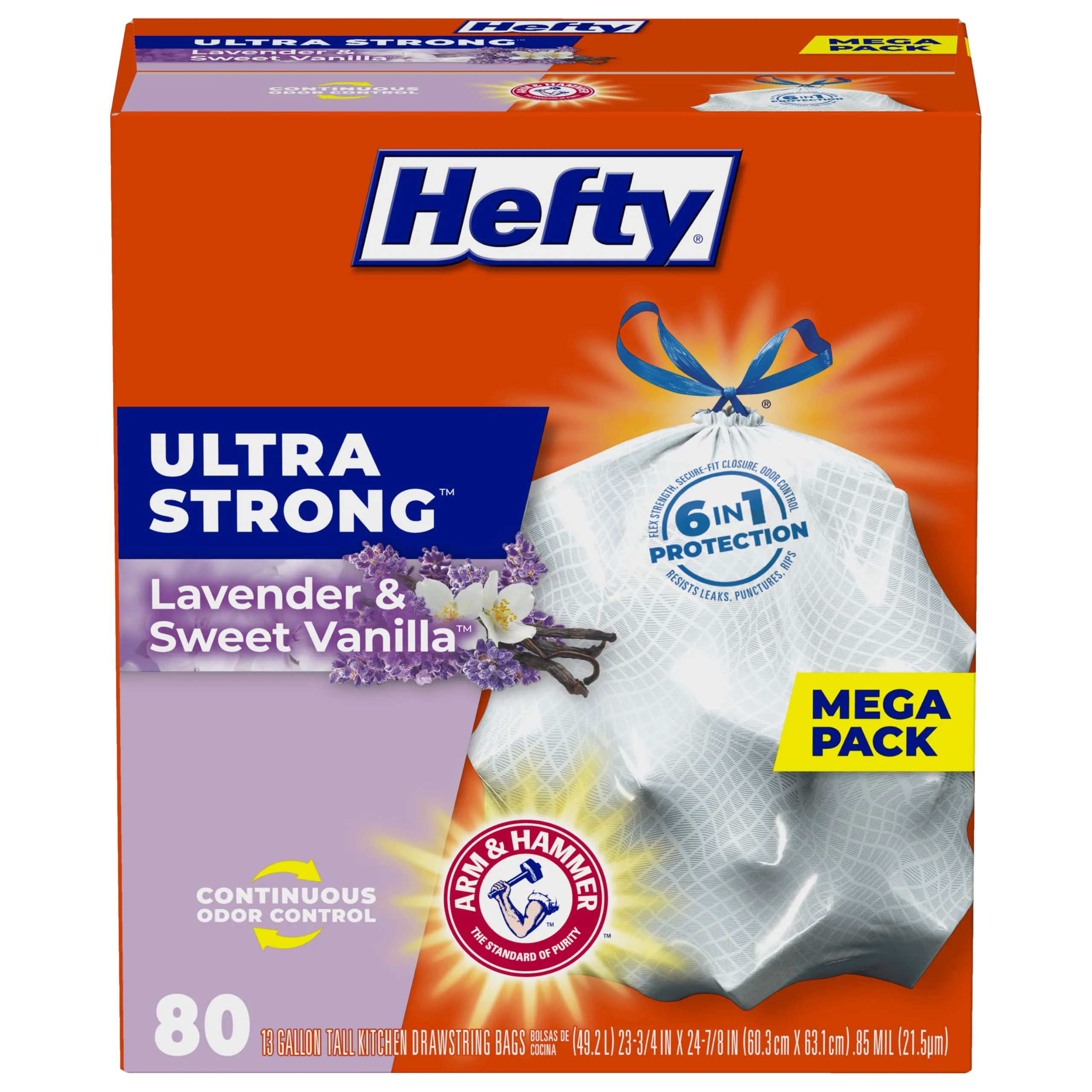 Hefty Ultra Strong 13 Gallon Trash Bags, Tall Kitchen Trash Bags 13 Gallon Size, Drawstring Closure, Continuous Odor Control, White, Lavender and Sweet Vanilla Scent, 80 Bags