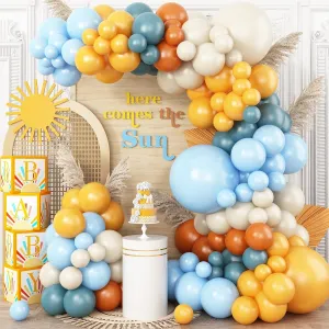 Here Comes the Son Balloon Arch Kit, Lemon Yellow Dusty Baby Blue Sand White Coffee Balloon Garland and Sun Foil Balloon for Boho Sun First Trip Around the Sunshine Baby Shower Birthday Party Supplies