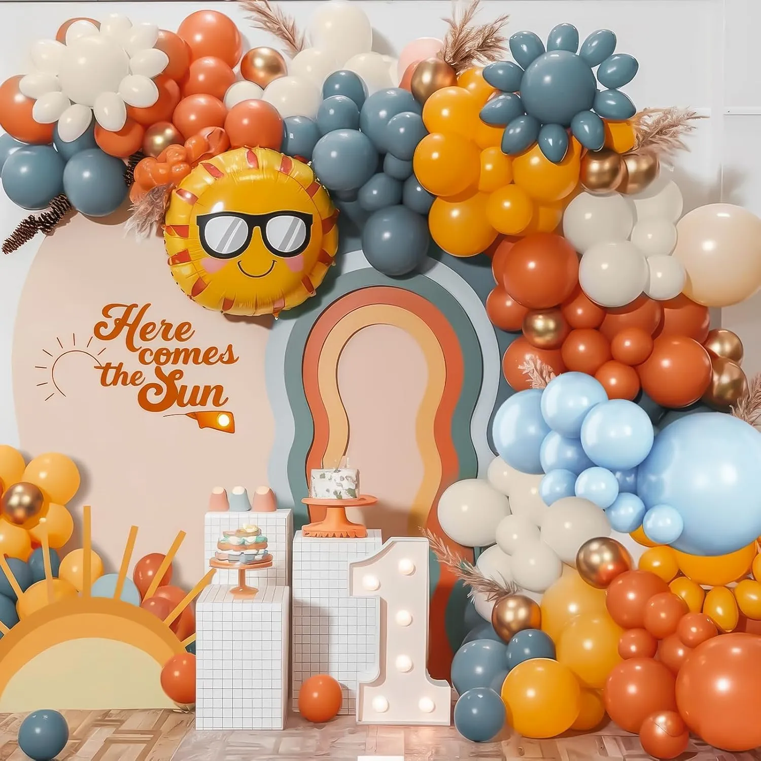 Here Comes the Son Balloon Arch Kit, Lemon Yellow Dusty Baby Blue Sand White Coffee Balloon Garland and Sun Foil Balloon for Boho Sun First Trip Around the Sunshine Baby Shower Birthday Party Supplies
