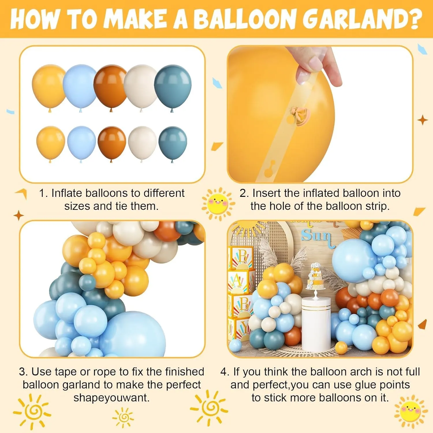 Here Comes the Son Balloon Arch Kit, Lemon Yellow Dusty Baby Blue Sand White Coffee Balloon Garland and Sun Foil Balloon for Boho Sun First Trip Around the Sunshine Baby Shower Birthday Party Supplies