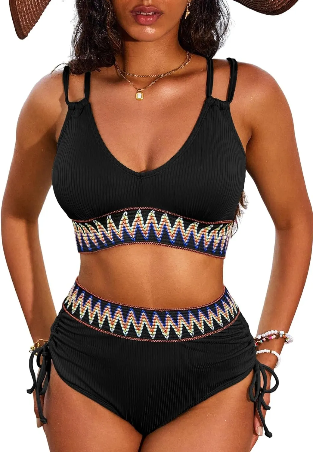 Herseas Women High Waisted Bikini Sets Swimsuits Color Block 2 Piece Drawstring V Neck 2025 Beach Bathing Swim Suit