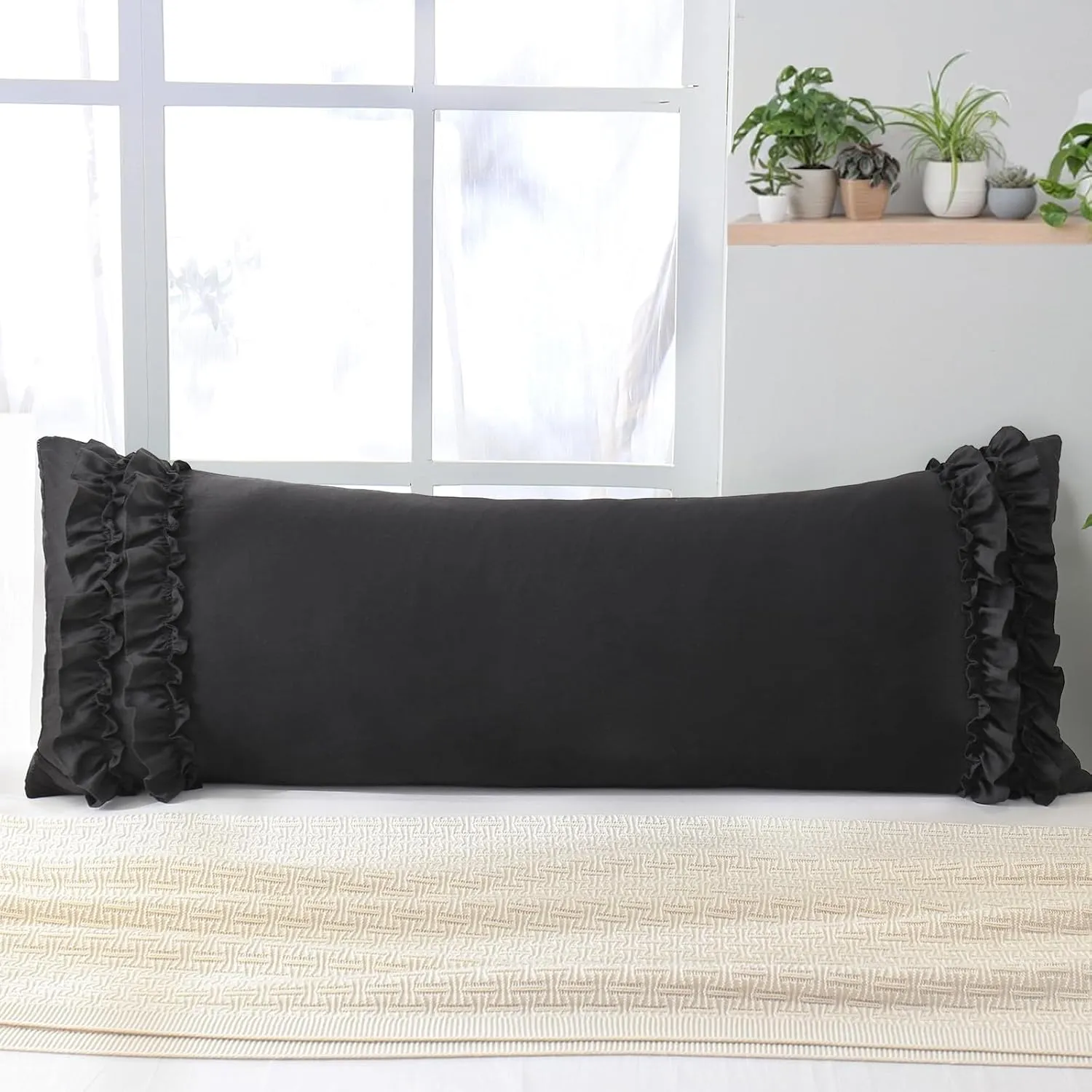 Herside Black Body Pillowcase, Ruffle Sham, 20x54 Inches, Long Pillow Cover, Ultra Soft Microfiber Decorative Body Pillow (Black)