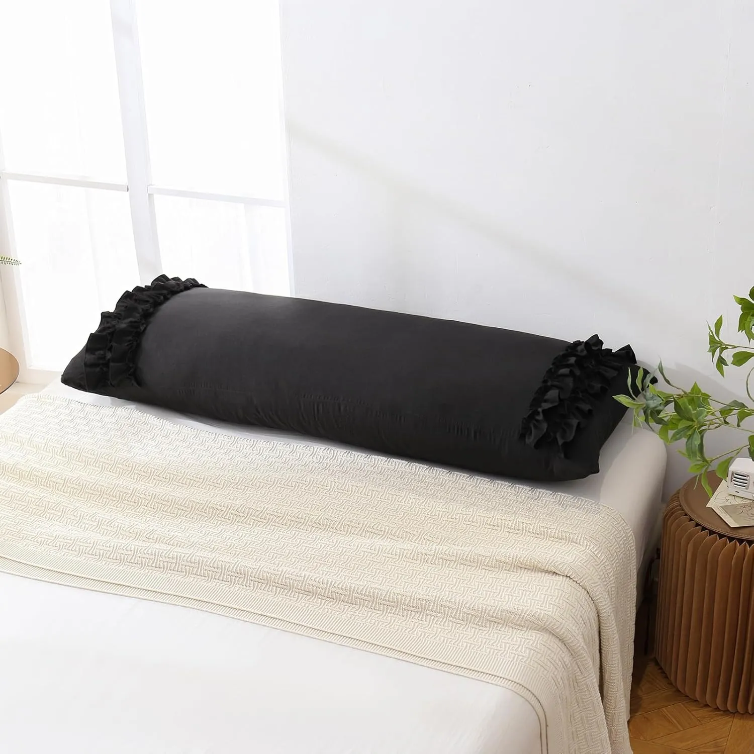 Herside Black Body Pillowcase, Ruffle Sham, 20x54 Inches, Long Pillow Cover, Ultra Soft Microfiber Decorative Body Pillow (Black)