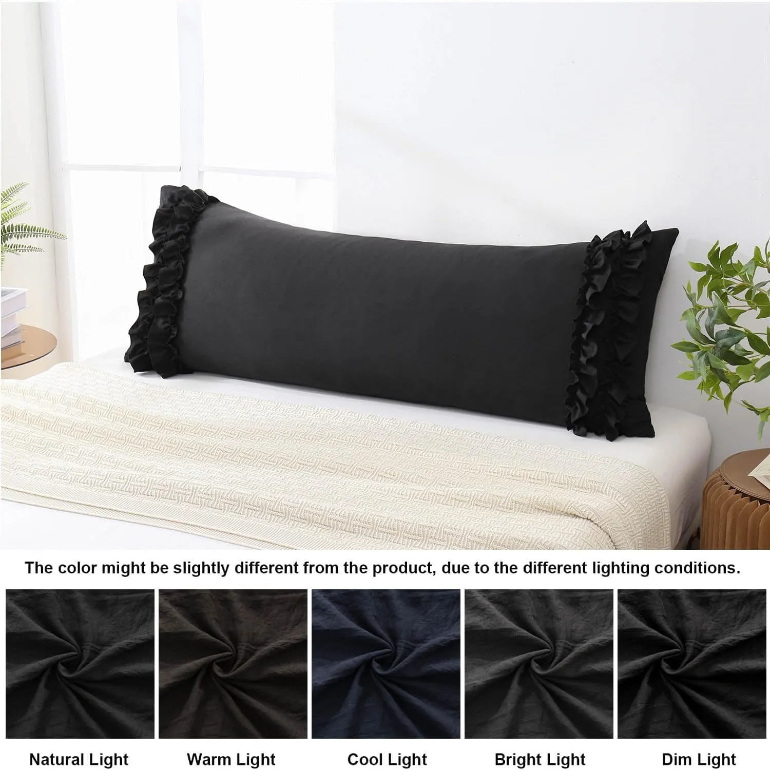 Herside Black Body Pillowcase, Ruffle Sham, 20x54 Inches, Long Pillow Cover, Ultra Soft Microfiber Decorative Body Pillow (Black)