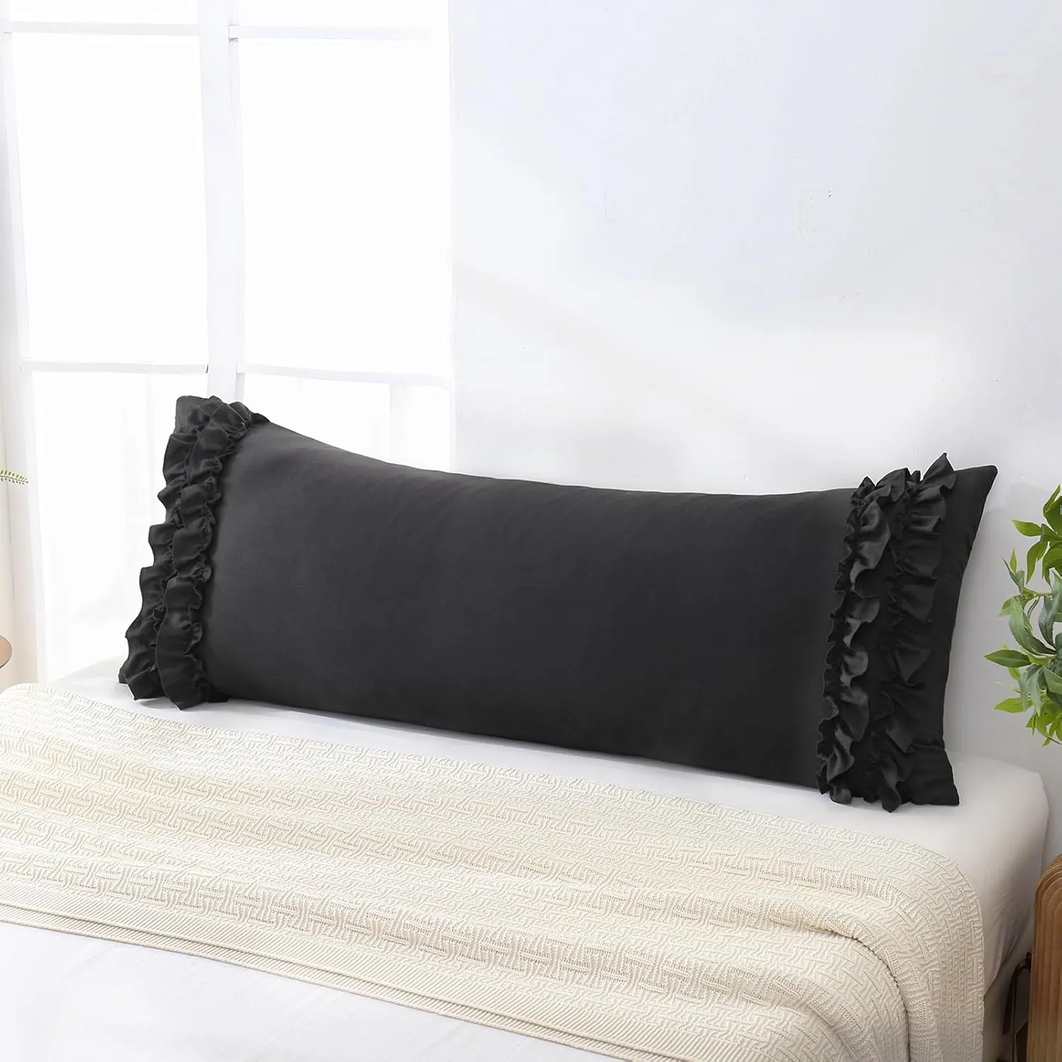 Herside Black Body Pillowcase, Ruffle Sham, 20x54 Inches, Long Pillow Cover, Ultra Soft Microfiber Decorative Body Pillow (Black)