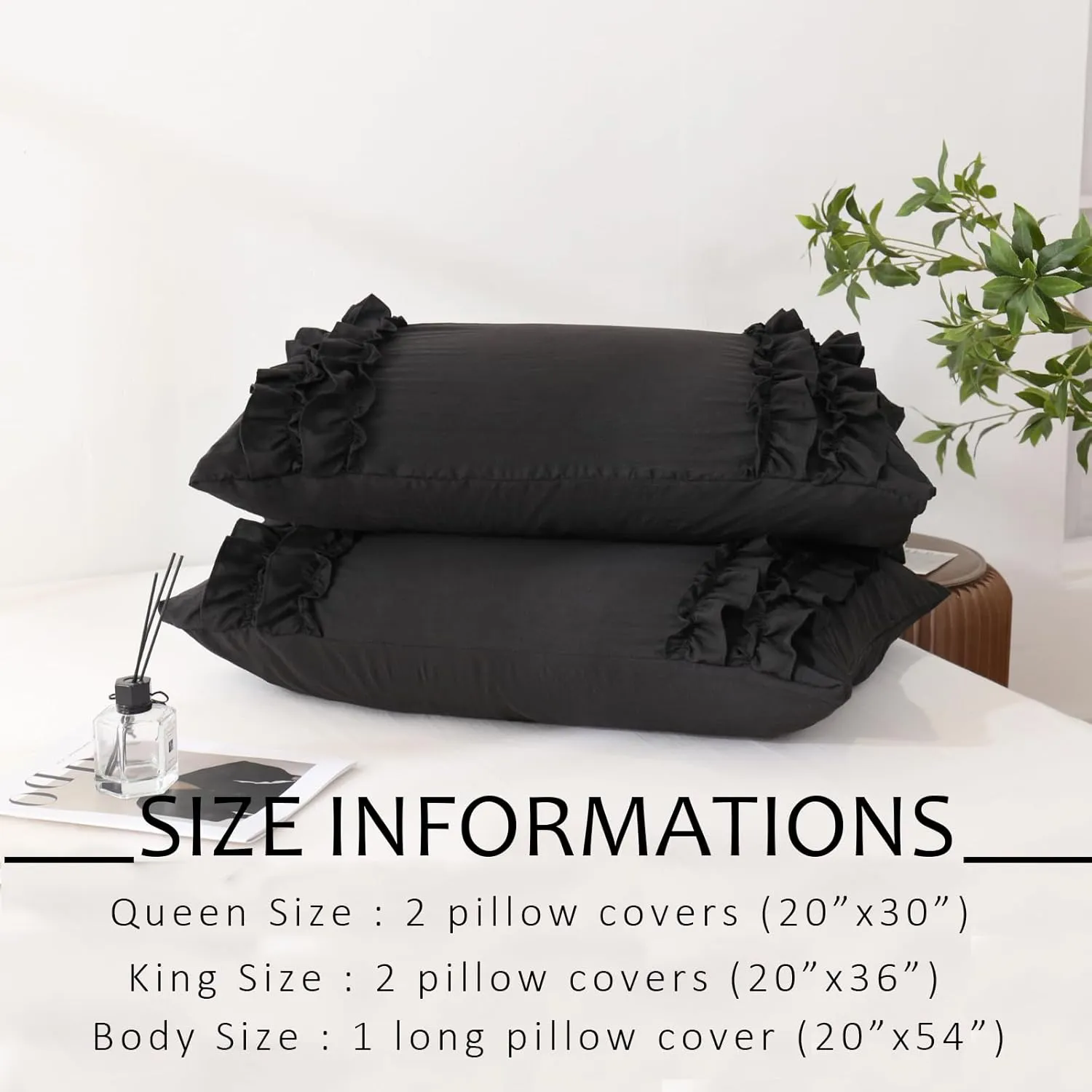 Herside Black Body Pillowcase, Ruffle Sham, 20x54 Inches, Long Pillow Cover, Ultra Soft Microfiber Decorative Body Pillow (Black)