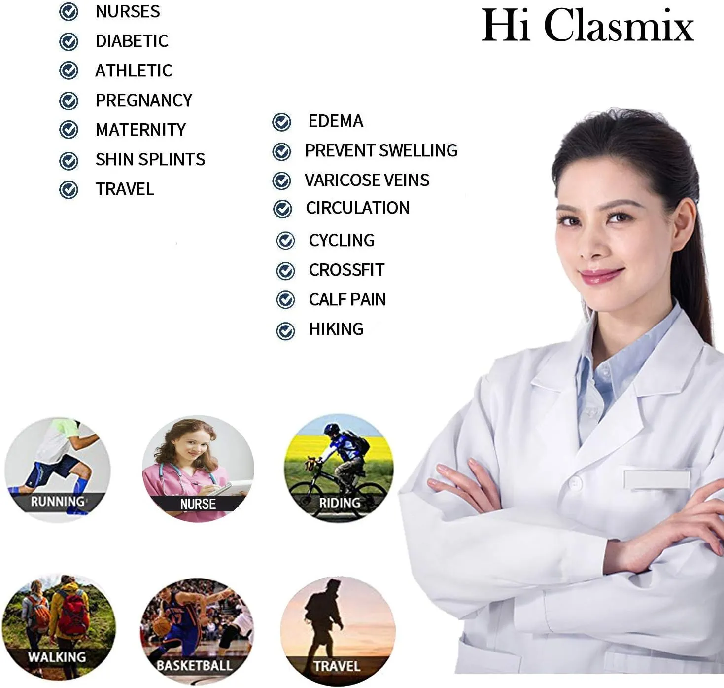 Hi Clasmix Graduated Compression Socks for Women&Men Wide Calf Comfort Best for Circulation,Pregnancy,Media,Nurse,Running,Travel
