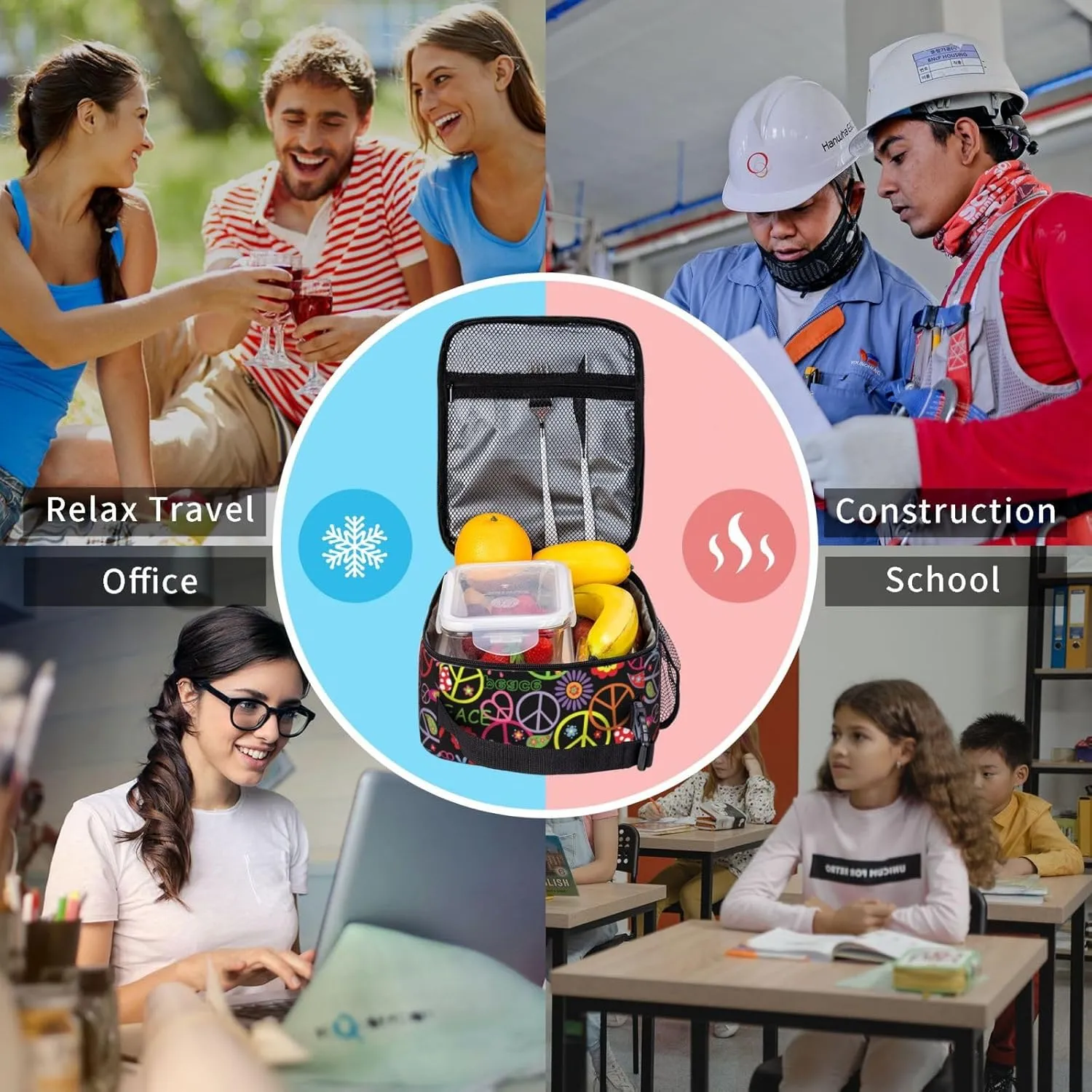 Hippie Peace Sign Floral Insulated Lunch Bag Reusable Cooler Lunch Box Portable Leakproof Thermal Container Tote Bags for Girls Boys School Travel