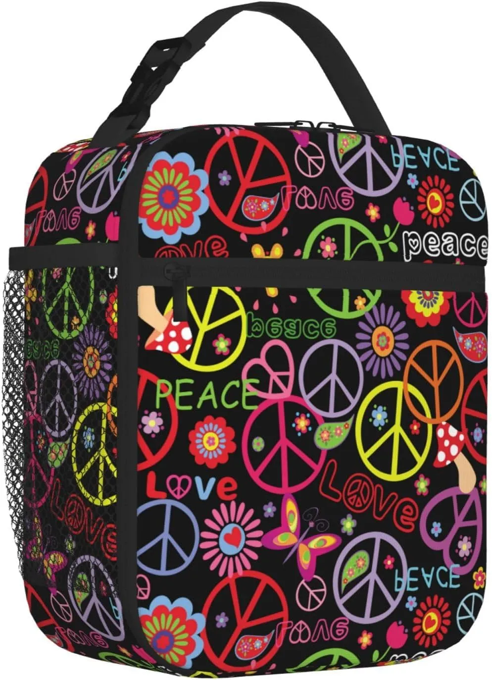 Hippie Peace Sign Floral Insulated Lunch Bag Reusable Cooler Lunch Box Portable Leakproof Thermal Container Tote Bags for Girls Boys School Travel