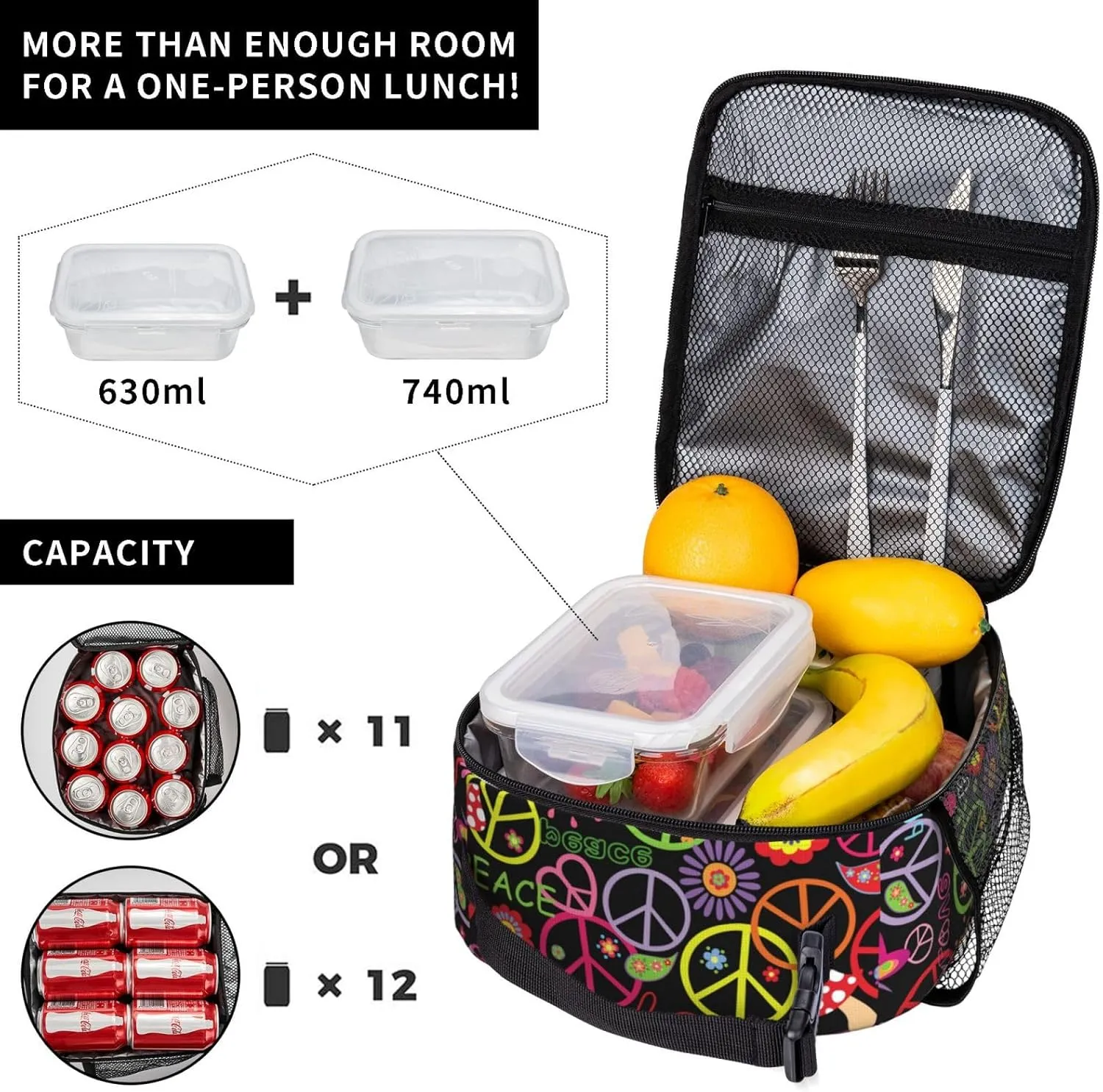 Hippie Peace Sign Floral Insulated Lunch Bag Reusable Cooler Lunch Box Portable Leakproof Thermal Container Tote Bags for Girls Boys School Travel