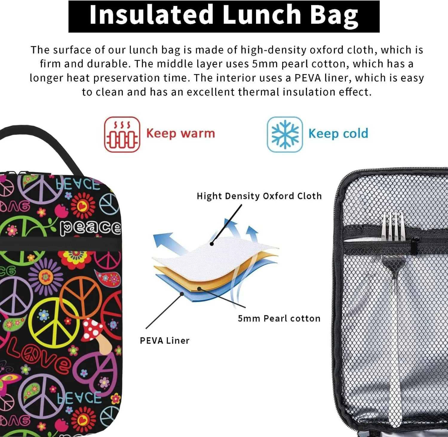 Hippie Peace Sign Floral Insulated Lunch Bag Reusable Cooler Lunch Box Portable Leakproof Thermal Container Tote Bags for Girls Boys School Travel