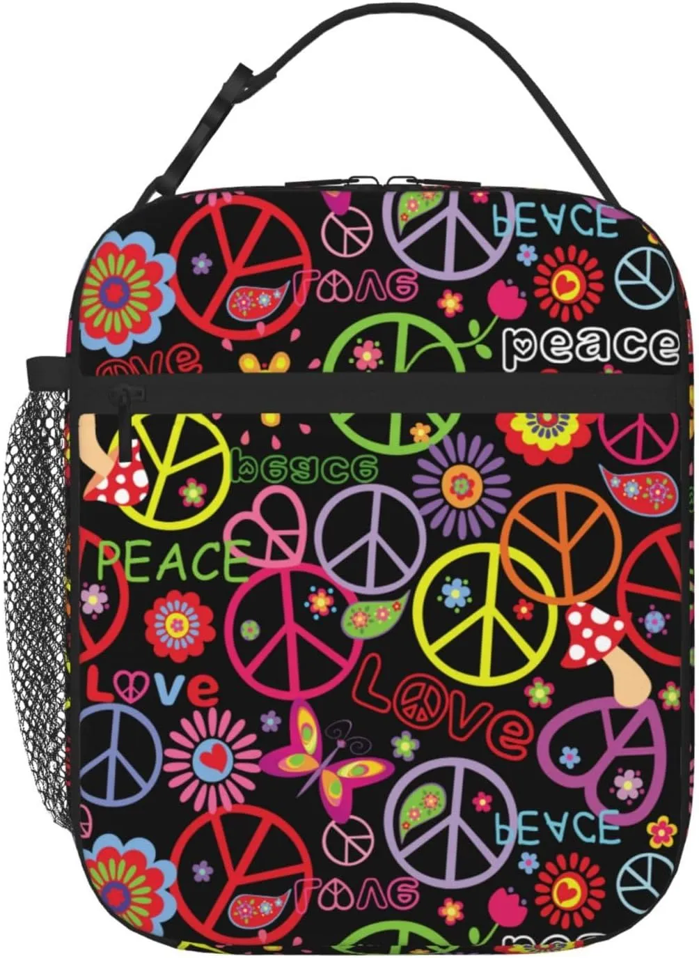 Hippie Peace Sign Floral Insulated Lunch Bag Reusable Cooler Lunch Box Portable Leakproof Thermal Container Tote Bags for Girls Boys School Travel