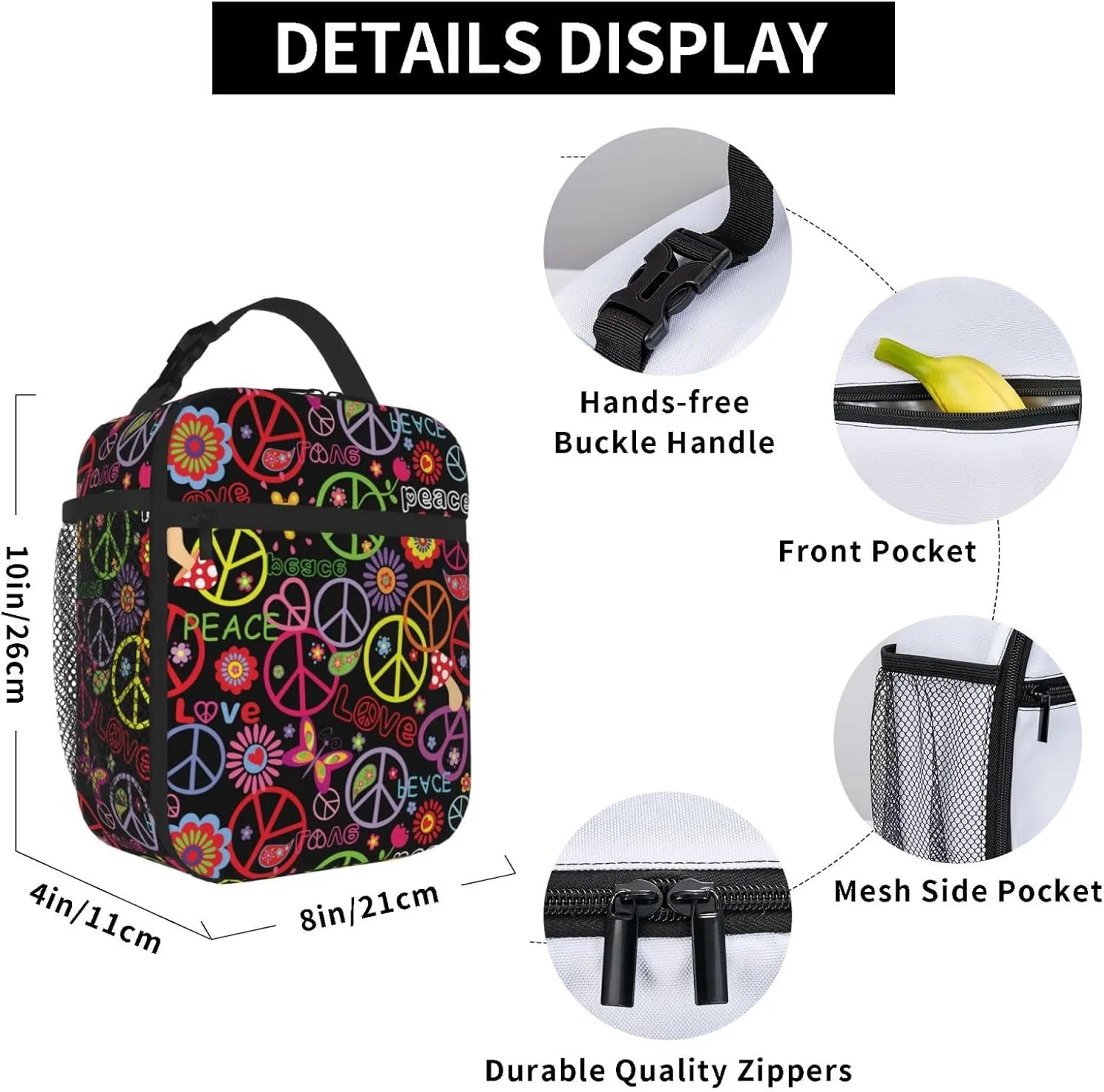 Hippie Peace Sign Floral Insulated Lunch Bag Reusable Cooler Lunch Box Portable Leakproof Thermal Container Tote Bags for Girls Boys School Travel