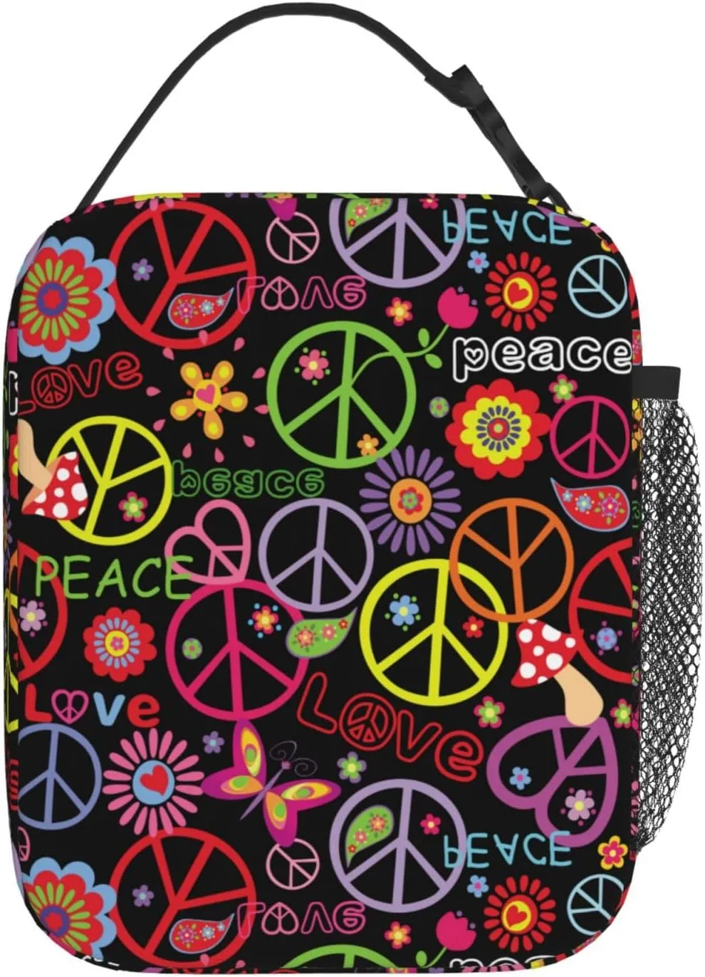 Hippie Peace Sign Floral Insulated Lunch Bag Reusable Cooler Lunch Box Portable Leakproof Thermal Container Tote Bags for Girls Boys School Travel