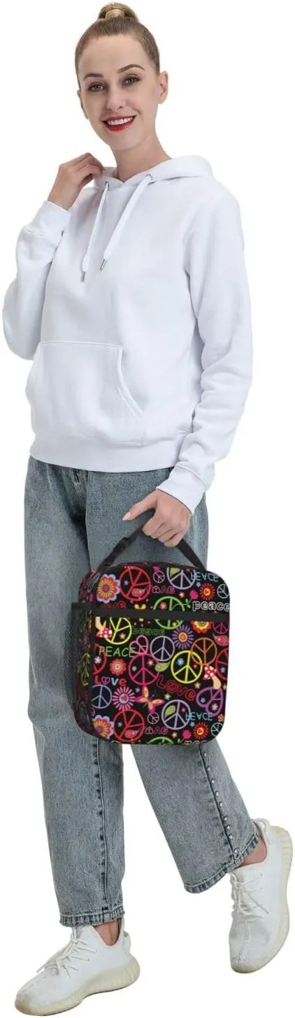 Hippie Peace Sign Floral Insulated Lunch Bag Reusable Cooler Lunch Box Portable Leakproof Thermal Container Tote Bags for Girls Boys School Travel