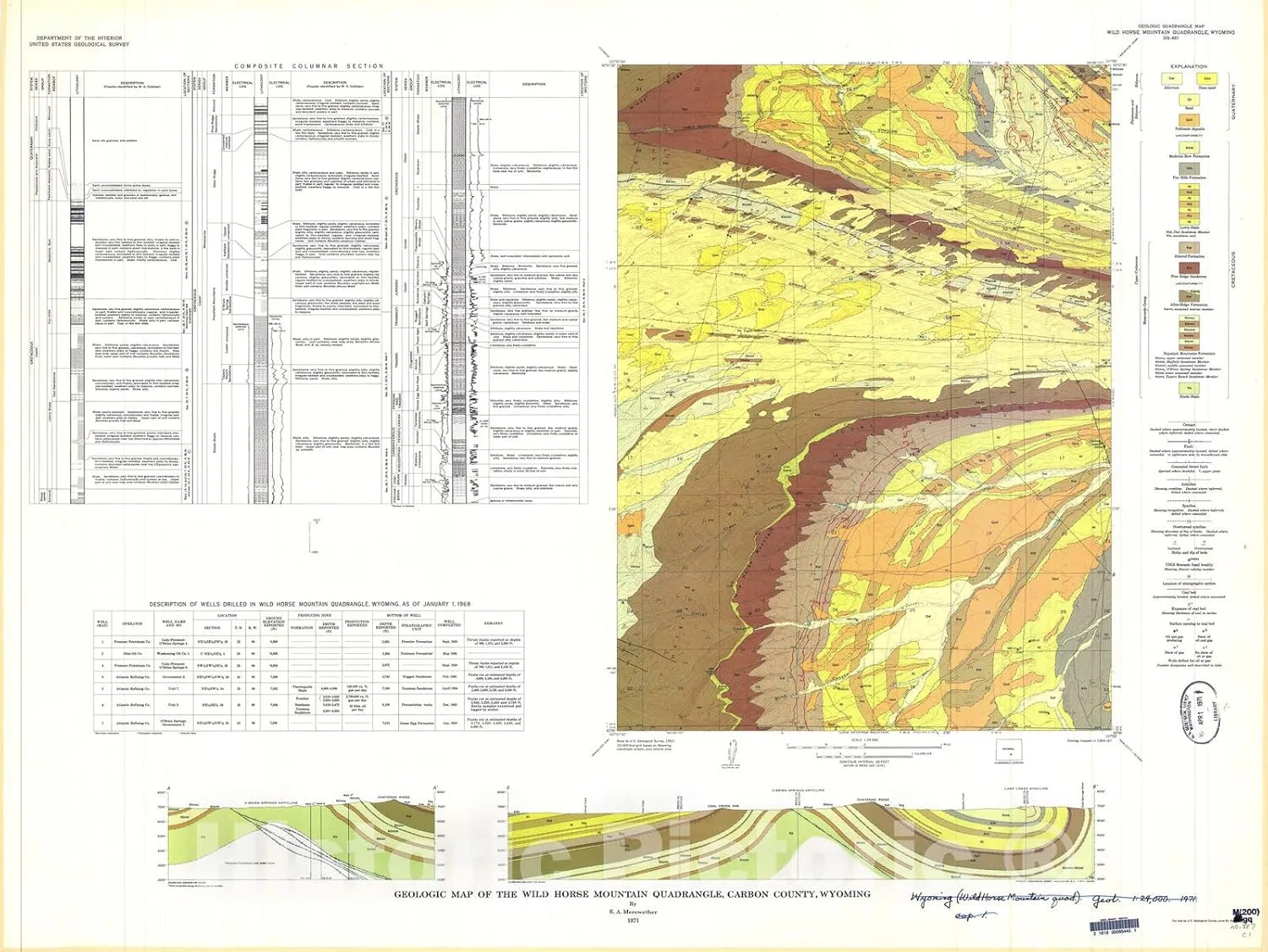Historic Pictoric Map : Geologic map of The Wild Horse Mountain Quadrangle, Carbon County, Wyoming, 1971 Cartography Wall Art : 24in x 18in