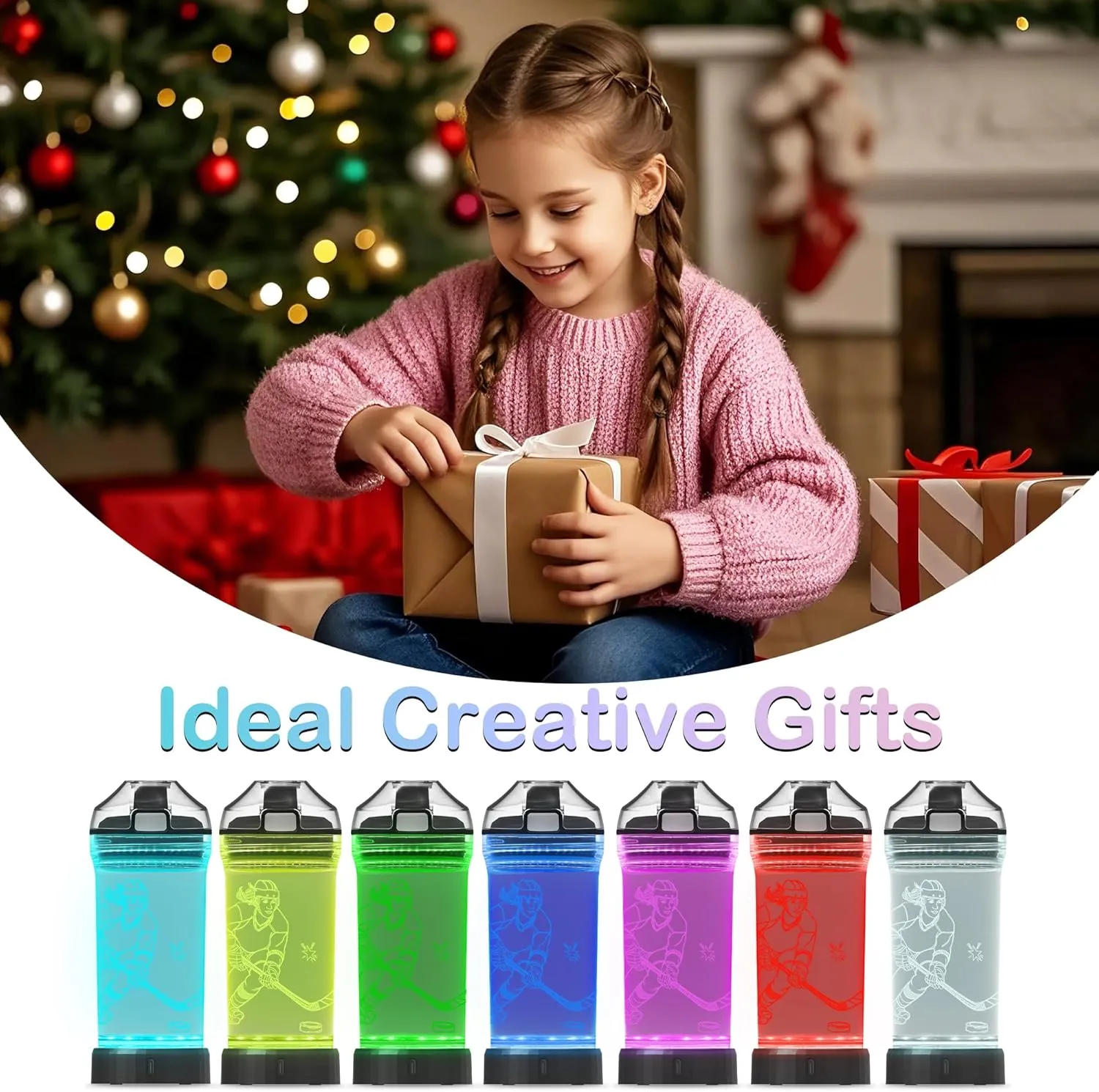 Hockey Gifts for Girls, Light Up Kids Water Bottle,Ice Hockey Accessories for Girls Sport Cup with 3D Glowing LED Light - 14 OZ Tritan BPA-Free - Gifts for School, Camping, and Holidays