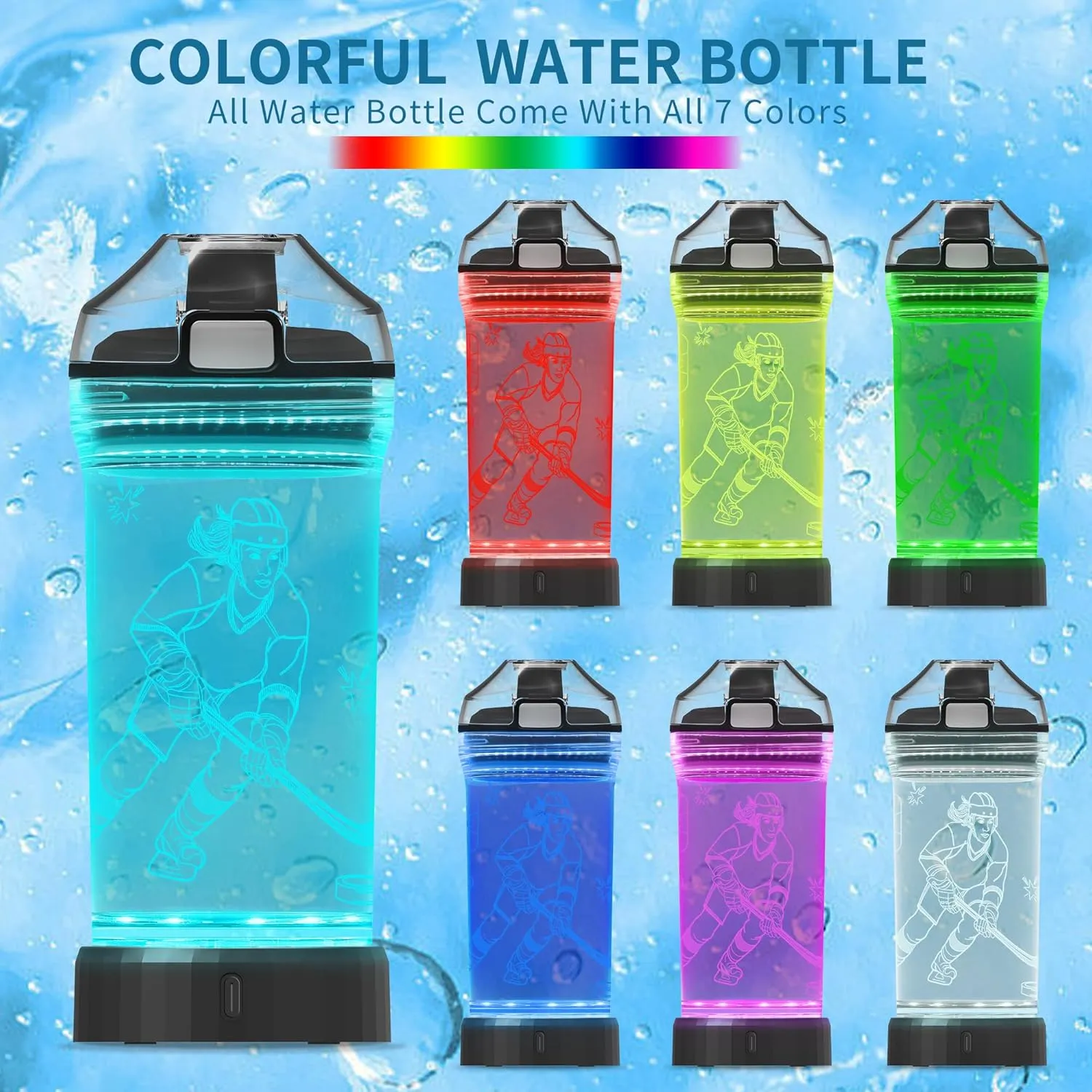 Hockey Gifts for Girls, Light Up Kids Water Bottle,Ice Hockey Accessories for Girls Sport Cup with 3D Glowing LED Light - 14 OZ Tritan BPA-Free - Gifts for School, Camping, and Holidays