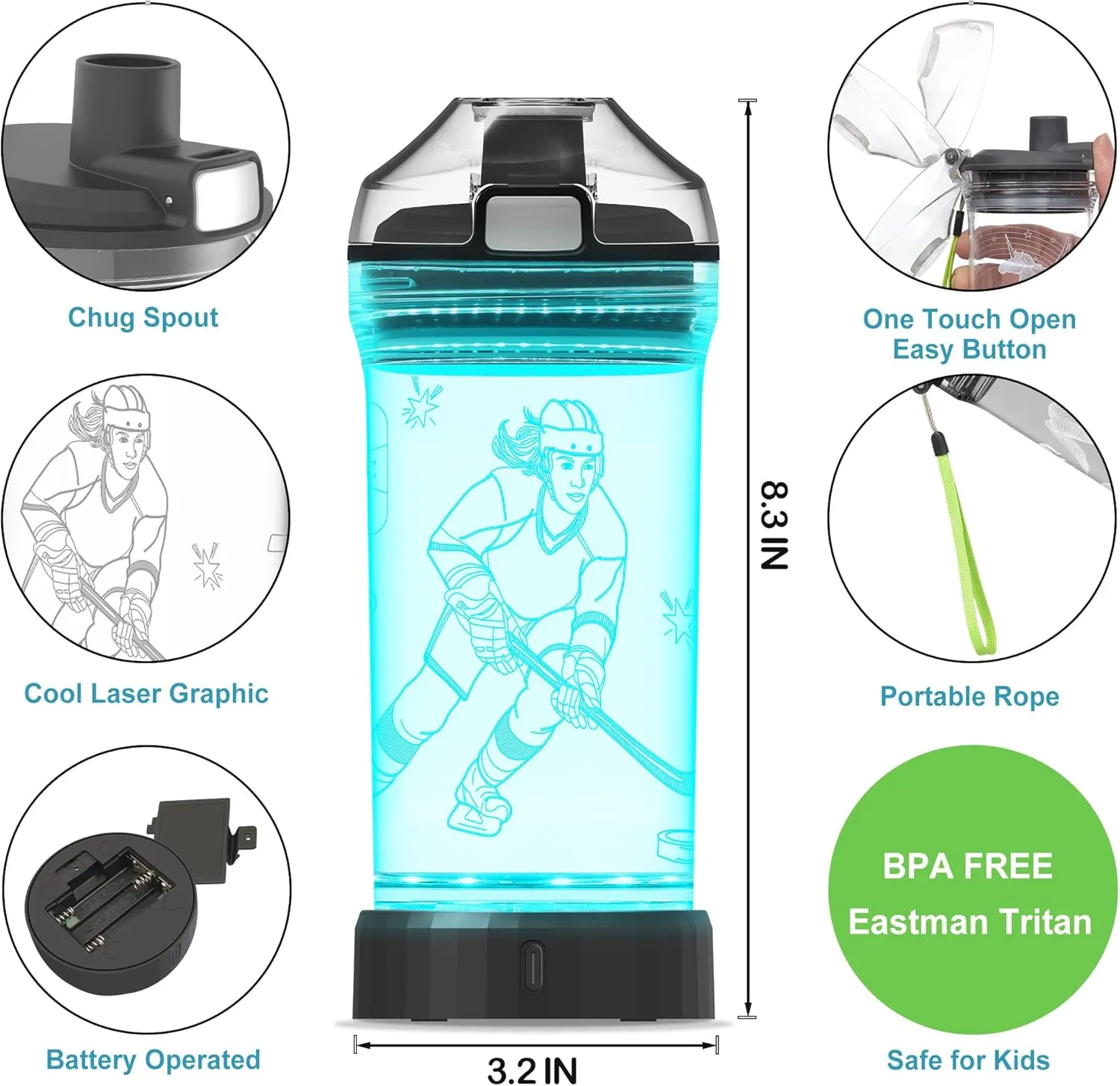 Hockey Gifts for Girls, Light Up Kids Water Bottle,Ice Hockey Accessories for Girls Sport Cup with 3D Glowing LED Light - 14 OZ Tritan BPA-Free - Gifts for School, Camping, and Holidays