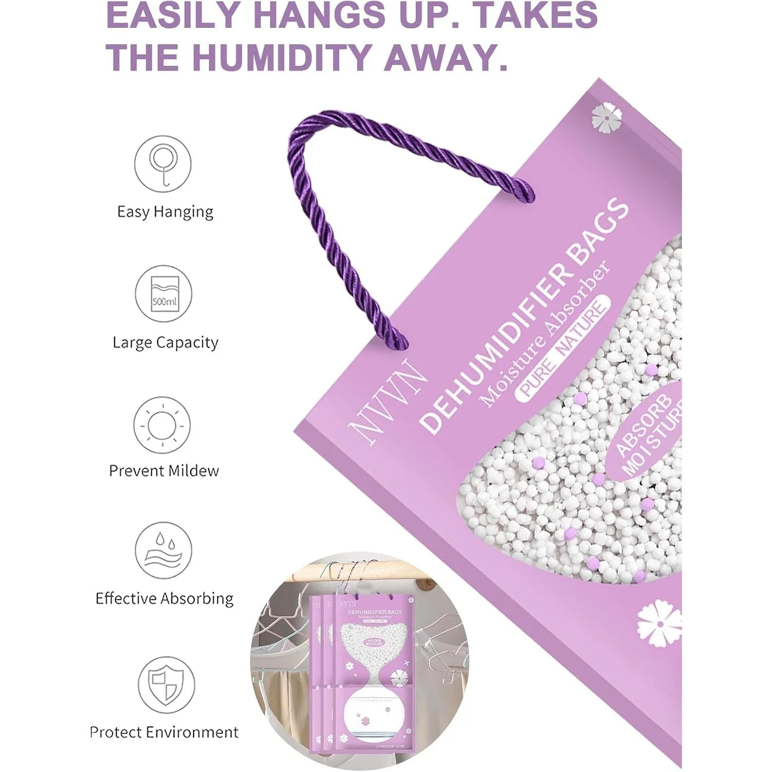 Homarket 10 packs Lavender Moisture Absorber and Odor Eliminator Hanging Bags to Rid Damp in Closet, Safe, Cars, Wardrobes, Basement, Gym Bag| Humidity Bags for Closet and wardrobes (Lavender)