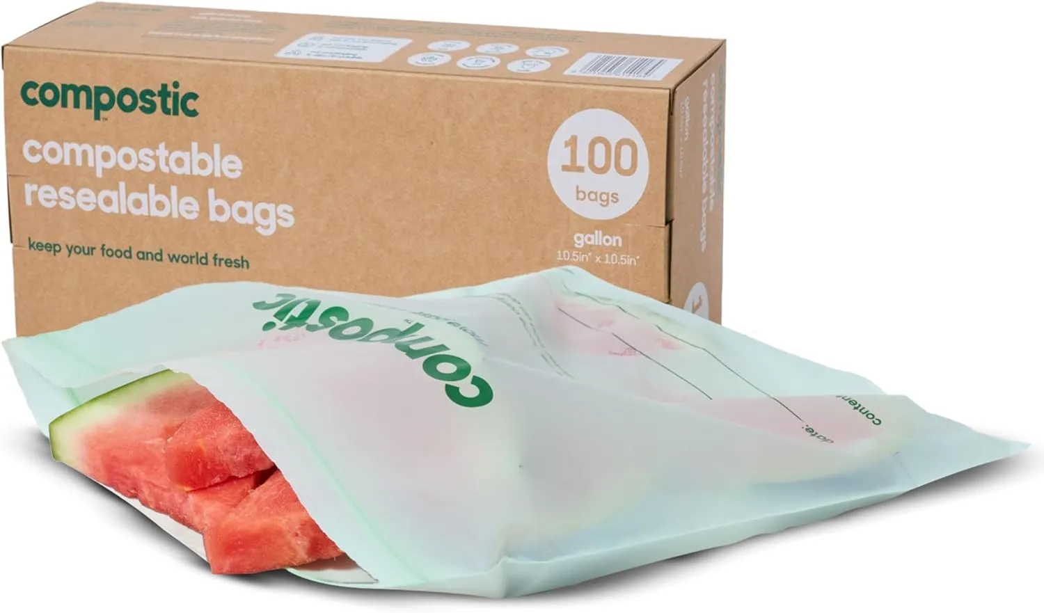 Home Compostable Resealable Gallon Bags (10.5"x10.5"), Microwave & Freezer Safe, Organic Food Storage Container, 100 Count