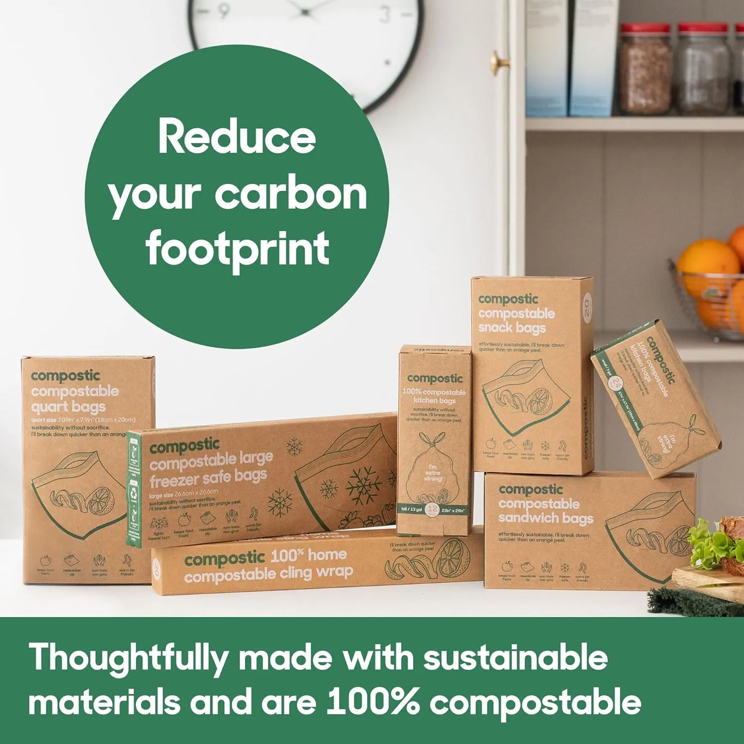 Home Compostable Resealable Gallon Bags (10.5"x10.5"), Microwave & Freezer Safe, Organic Food Storage Container, 100 Count