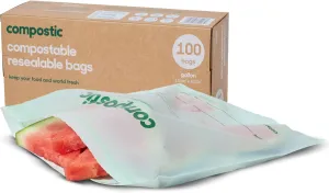 Home Compostable Resealable Gallon Bags (10.5"x10.5"), Microwave & Freezer Safe, Organic Food Storage Container, 100 Count