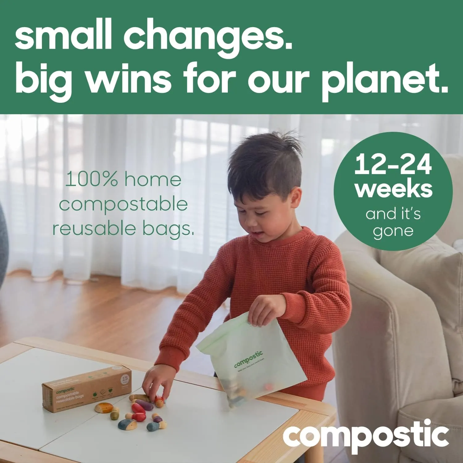 Home Compostable Resealable Gallon Bags (10.5"x10.5"), Microwave & Freezer Safe, Organic Food Storage Container, 100 Count