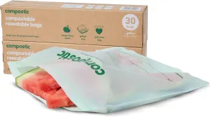 Home Compostable Resealable Gallon Bags (10.5"x10.5"), Microwave & Freezer Safe, Organic Food Storage Container, 60 Count (30 per box)