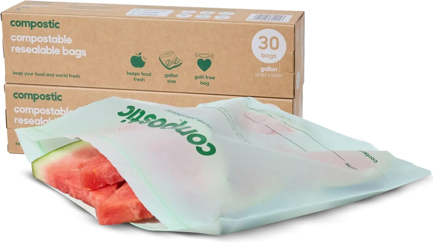Home Compostable Resealable Gallon Bags (10.5"x10.5"), Microwave & Freezer Safe, Organic Food Storage Container, 60 Count (30 per box)