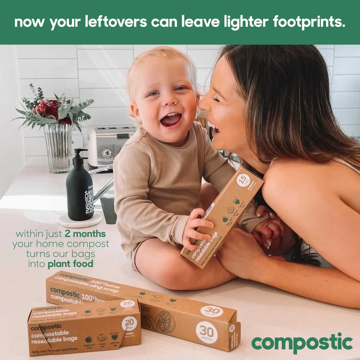 Home Compostable Resealable Gallon Bags (10.5"x10.5"), Microwave & Freezer Safe, Organic Food Storage Container, 60 Count (30 per box)