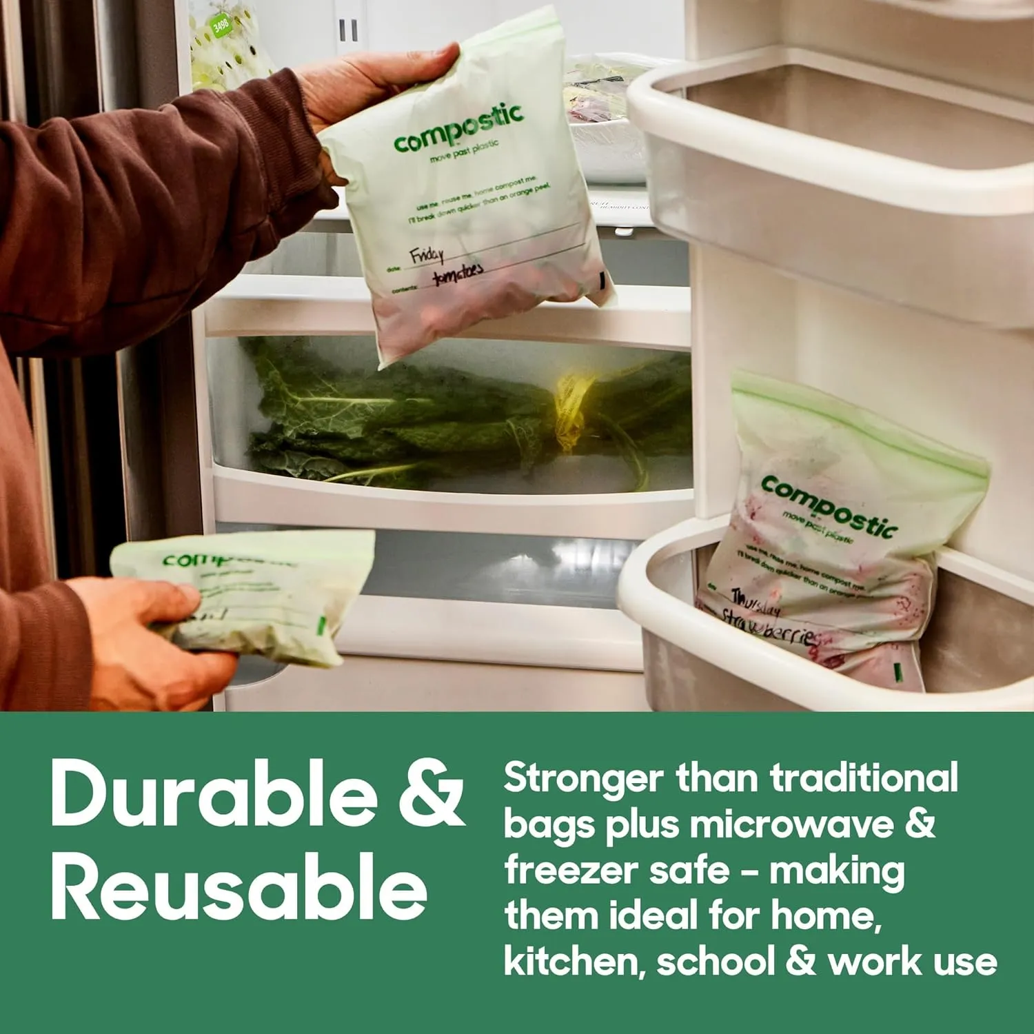 Home Compostable Resealable Gallon Bags (10.5"x10.5"), Microwave & Freezer Safe, Organic Food Storage Container, 60 Count (30 per box)
