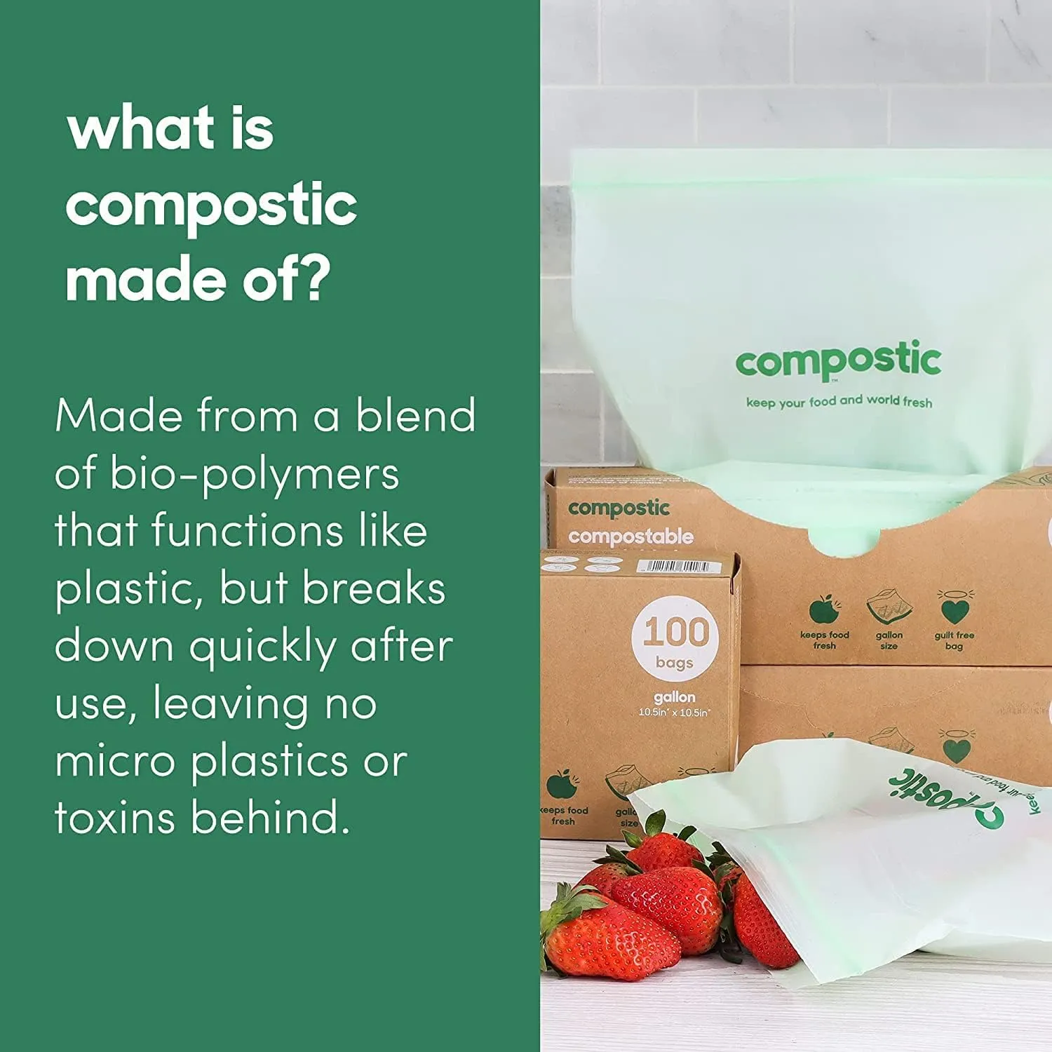Home Compostable Resealable Gallon Bags (10.5"x10.5"), Microwave & Freezer Safe, Organic Food Storage Container, 60 Count (30 per box)