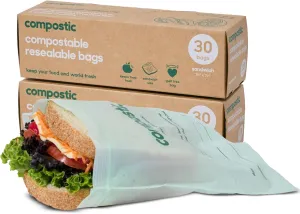Home Compostable Resealable Sandwich Bags (7"x7"), Microwave & Freezer Safe, Organic Food Storage Container, 60 Count (30 per box)