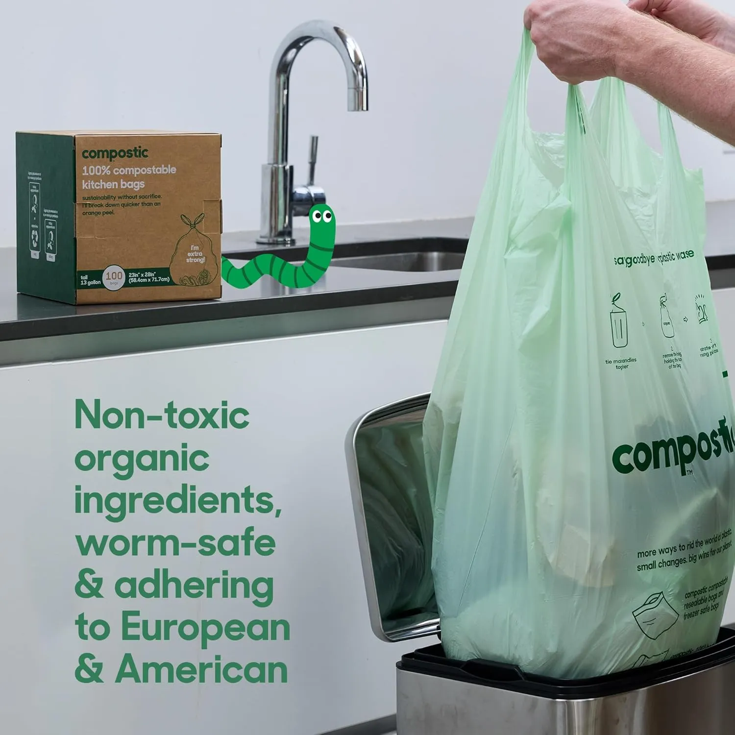 Home Compostable Trash Bags, 13 Gallon Tall Kitchen Rubbish Bags (23” x 29”), Extra Strong & Quickly Breaks Down, 50 Count