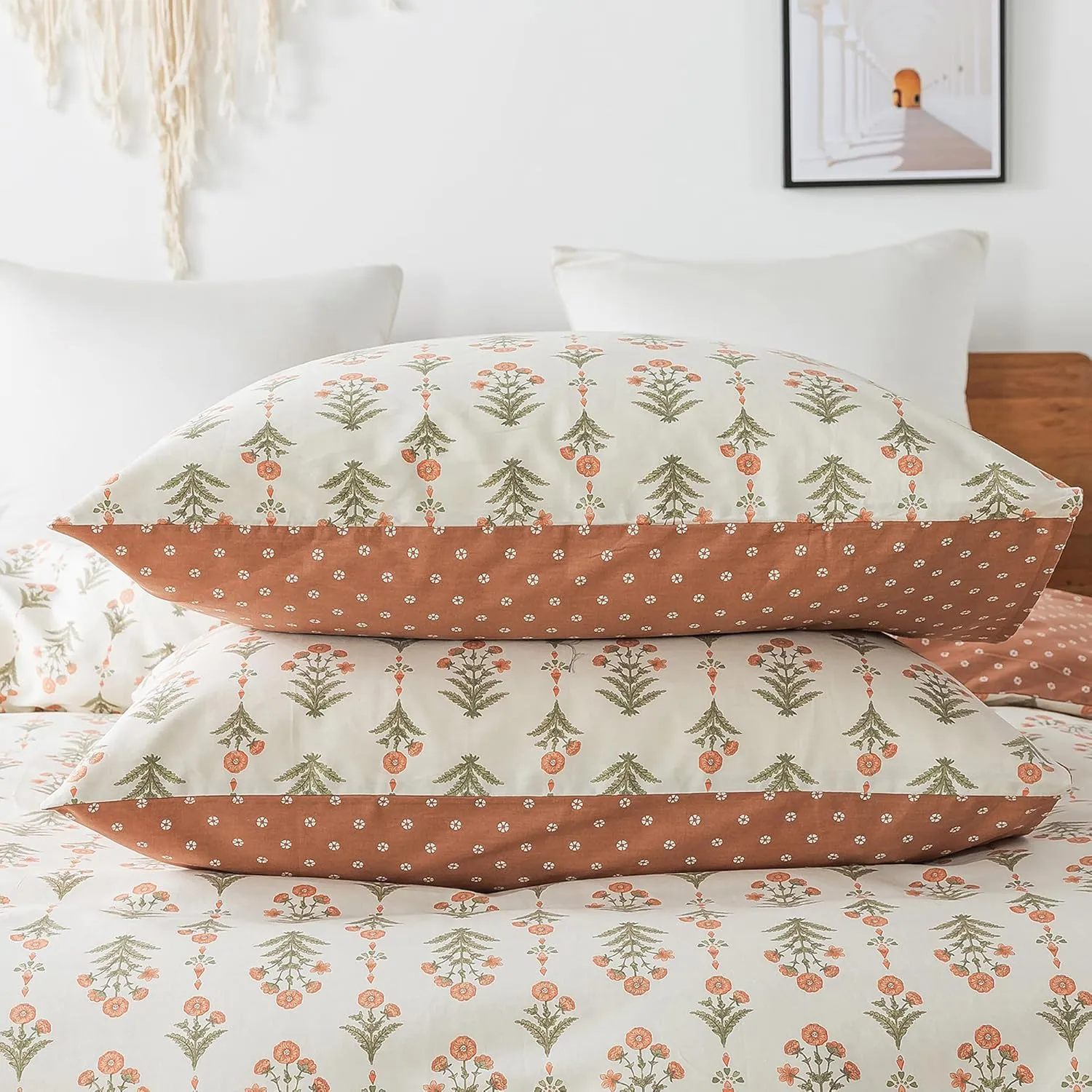HoneiLife Queen Duvet Cover Set - Breathable 100% Cotton Floral 3pcs Wildflower Comforter Cover, with Zipper Closure and Corner Ties, Sweet Grass