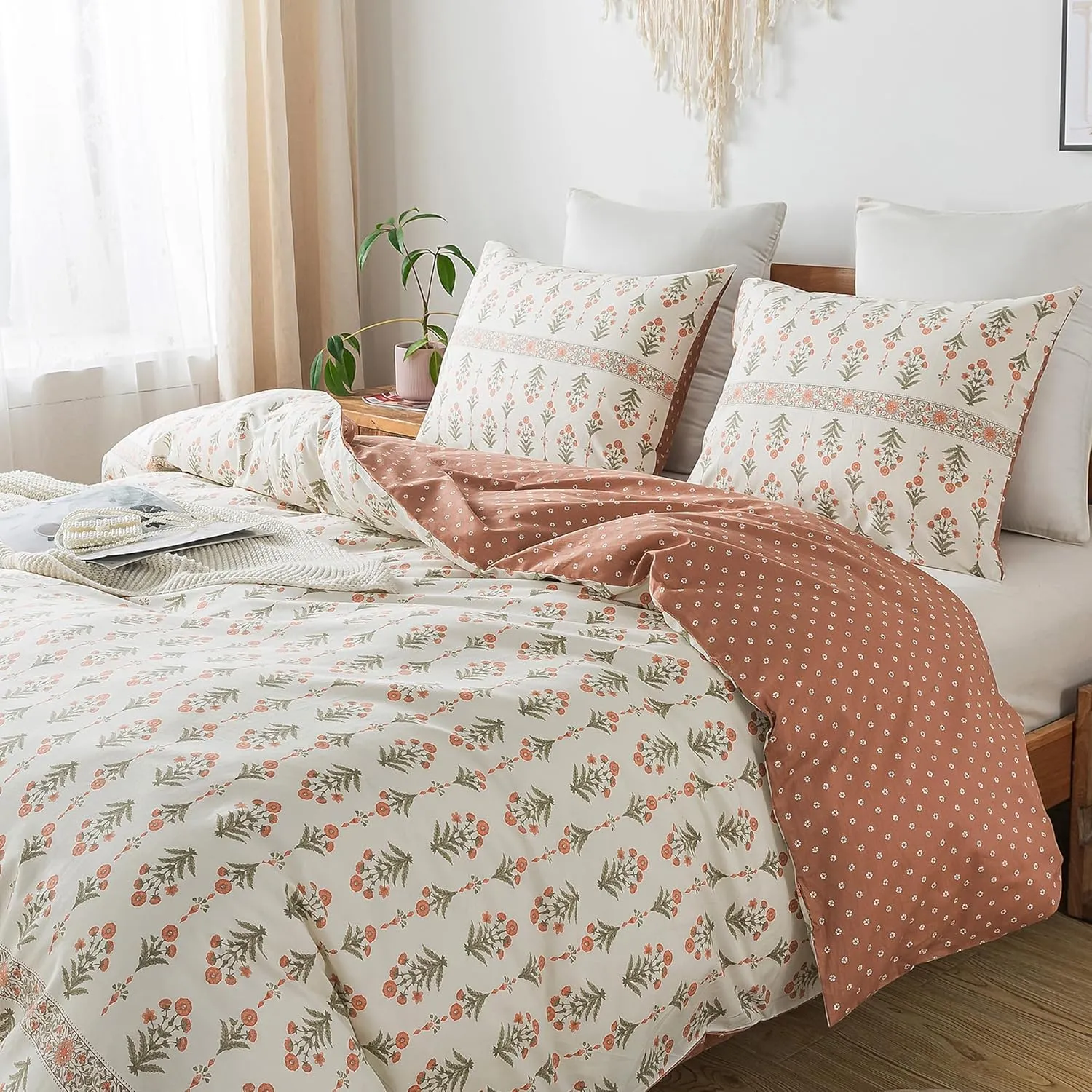 HoneiLife Queen Duvet Cover Set - Breathable 100% Cotton Floral 3pcs Wildflower Comforter Cover, with Zipper Closure and Corner Ties, Sweet Grass