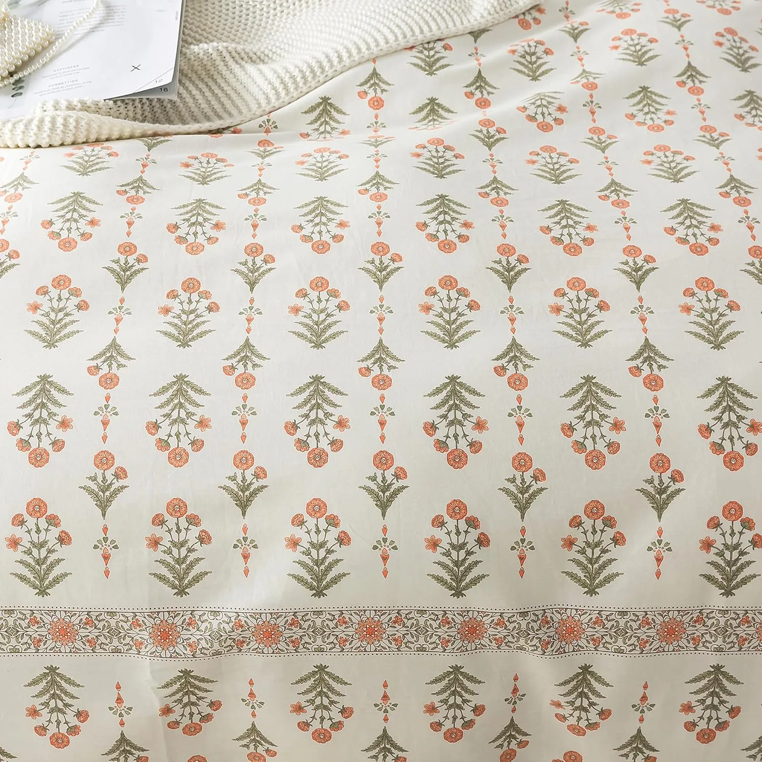HoneiLife Queen Duvet Cover Set - Breathable 100% Cotton Floral 3pcs Wildflower Comforter Cover, with Zipper Closure and Corner Ties, Sweet Grass